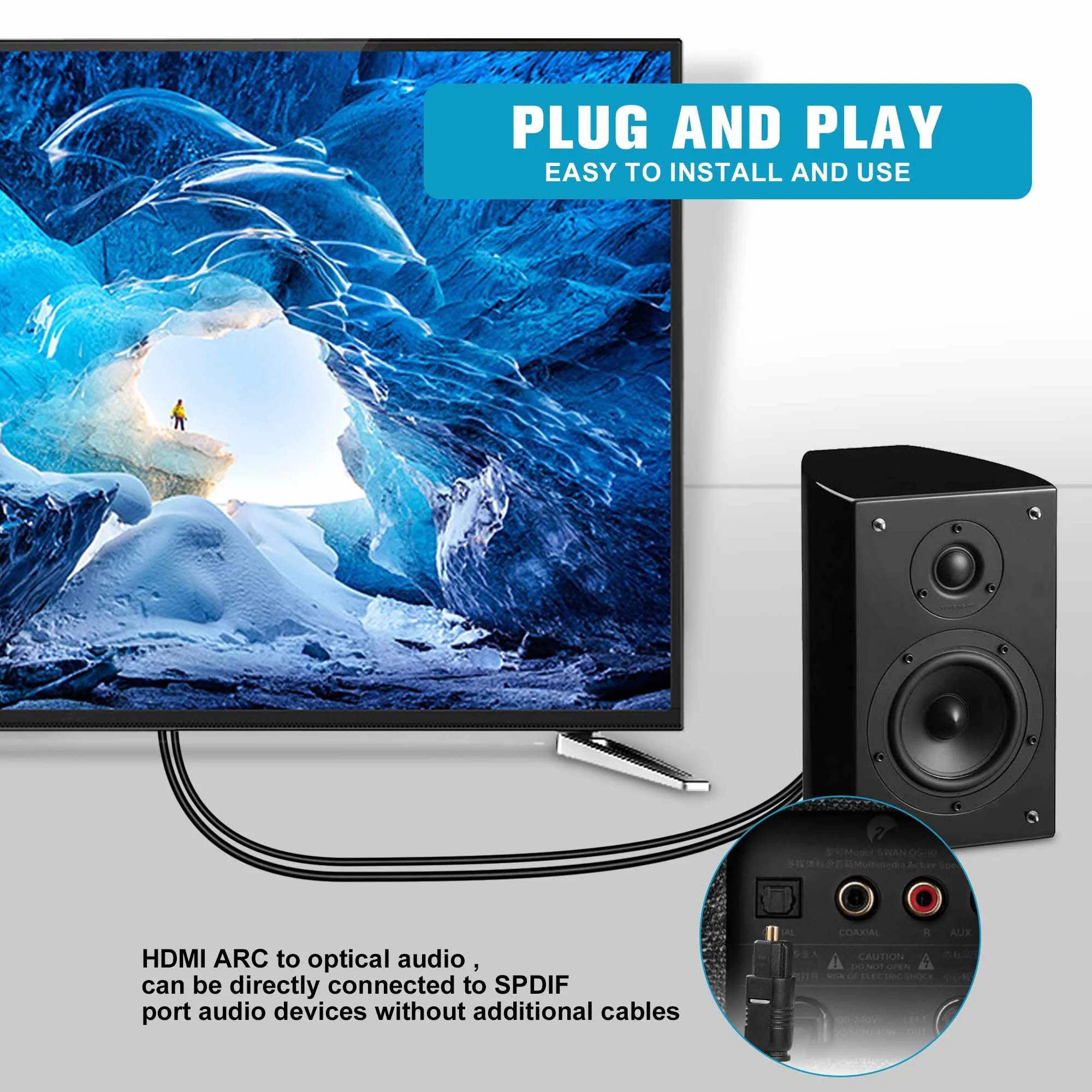 192KHz HDMI ARC to Optical Audio Converter for TV to Soundbar, Plug & Play 3.4ft/1.05m ARC to Optical Cable Audio Extractor Adapter Splitter for Sound System Speaker Home Theater Support Dolby/DTS 5.1 - Image 6