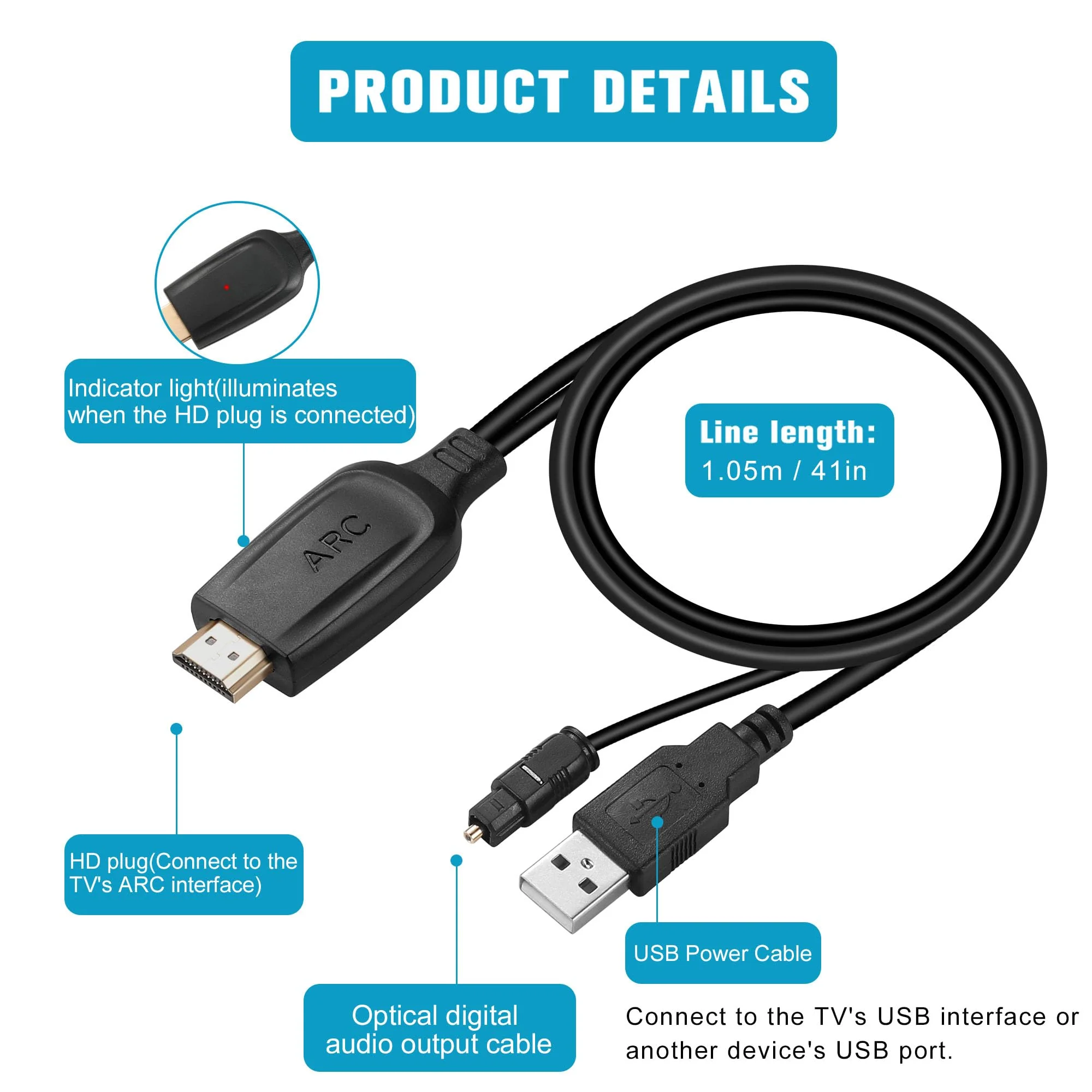 192KHz HDMI ARC to Optical Audio Converter for TV to Soundbar, Plug & Play 3.4ft/1.05m ARC to Optical Cable Audio Extractor Adapter Splitter for Sound System Speaker Home Theater Support Dolby/DTS 5.1 - Image 7