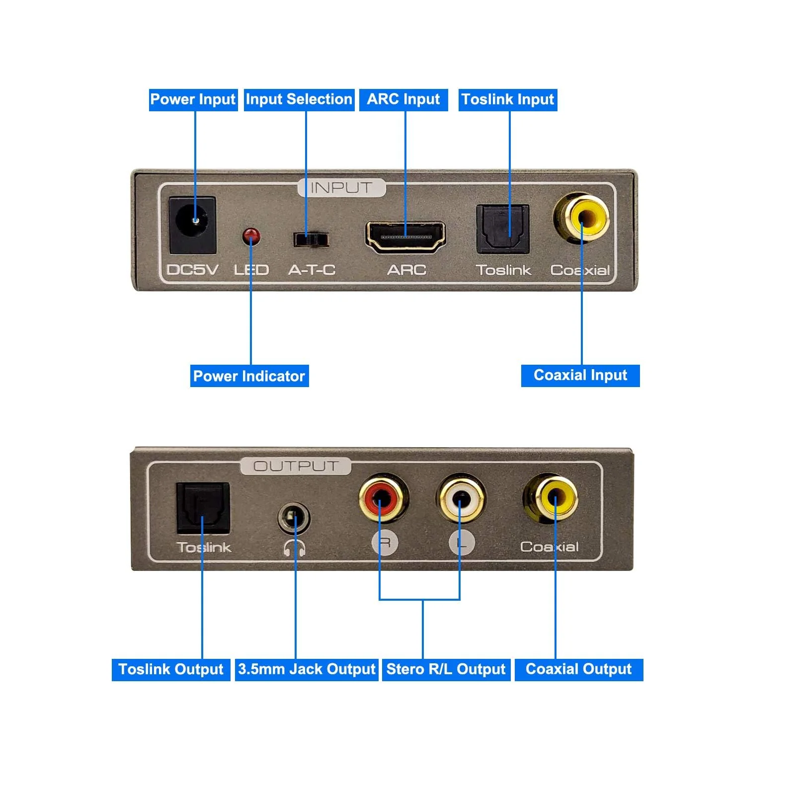 192KHz Multi Function Audio Converter, Tohilkel HDMI ARC or Toslink (Optical,SPDIF) or Coaxial to 3.5 mm Jack Stereo R/L Toslink (Optical,SPDIF) Coaxial, Support Multi Ports Output Simultaneously - Image 2