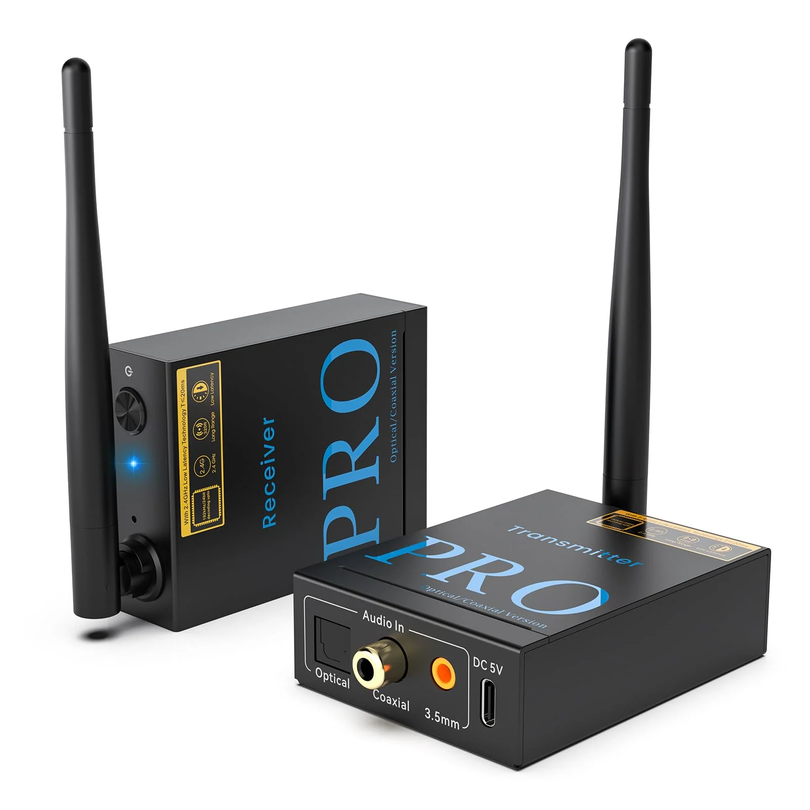 1Mii 2.4GHz Wireless Audio Transmitter and Receiver,192KHz/24bits HiFi Audio, 20ms Low Latency,328ft Long Range Wireless Subwoofer Kit for Speaker/Stereo/Soundbar,Optical/Coaxial/3.5mm(RCA) Ports.
