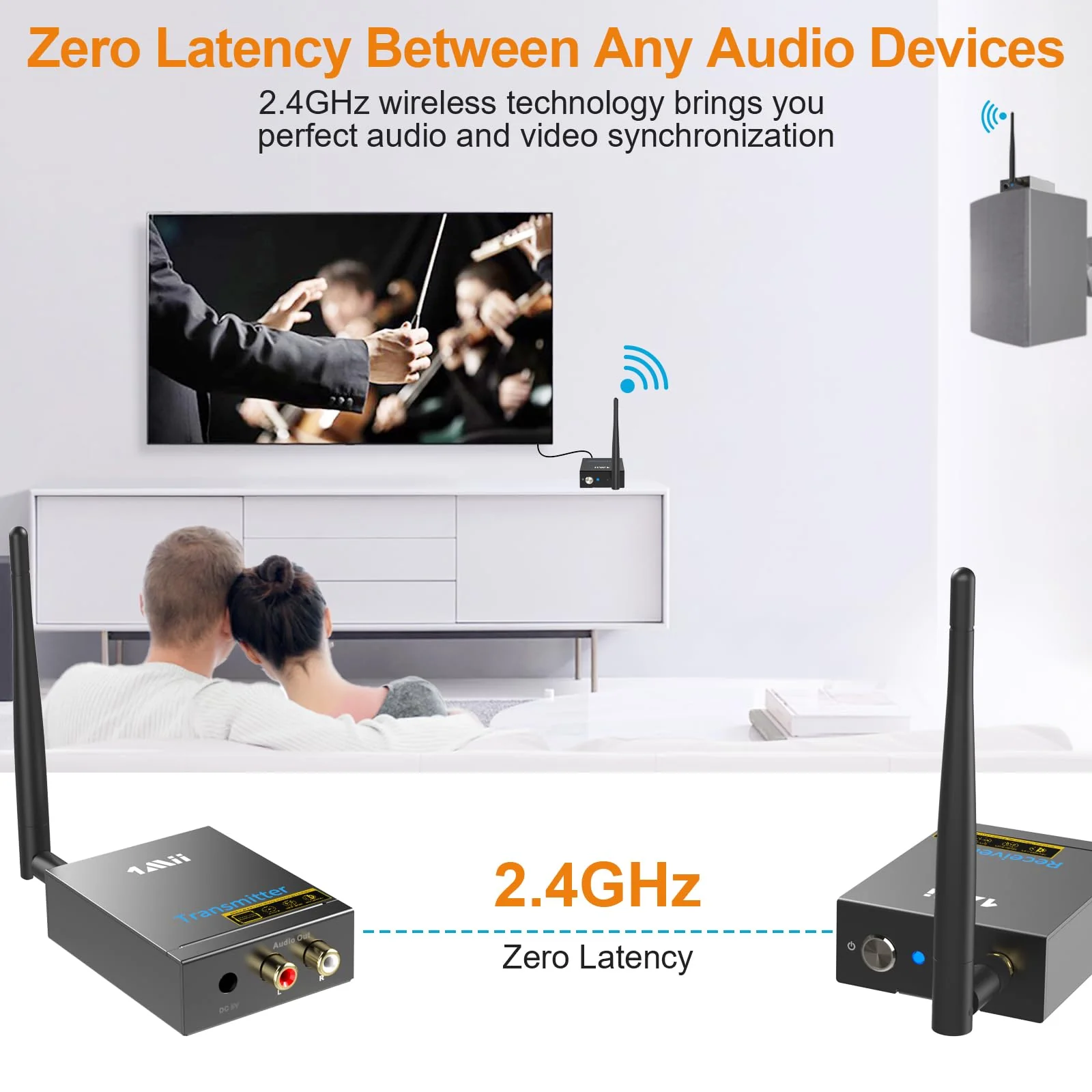 1Mii 2.4Ghz Wireless Audio Transmitter Receiver for TV, 320ft Long Range 20ms Low Delay 192kHz/24bit HiFi Audio, Wireless Adapter Kit for Subwoofer/Powered Speaker/Stereo/Soundbar, RCA(3.5mm)Out/input 2 in 1 - Image 4