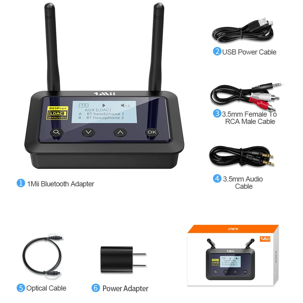 1Mii B03Pro+ Bluetooth 5.3 Transmitter Receiver Certified LDAC for TV Home Stereo, Long Range Bluetooth Extender Wireless Audio Adapter with Screen, Optical RCA AUX 3.5mm Outputs/Inputs B03Pro+ - Image 7