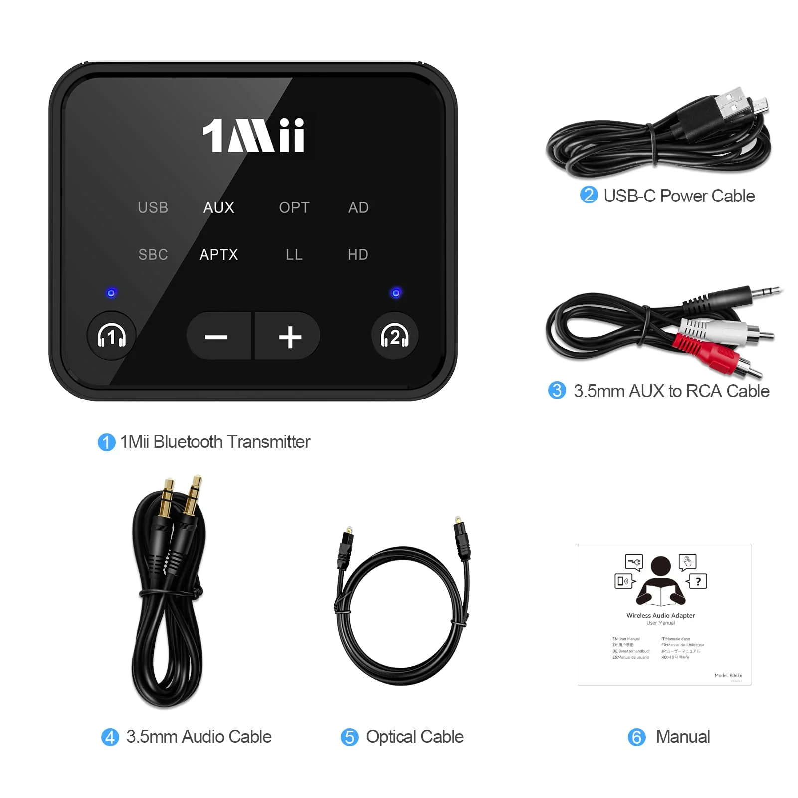 1Mii Bluetooth 5.3 Transmitter for TV to 2 Wireless Headphones, Long Range 100ft Bluetooth Adapter for TV aptX Adaptive & HD/Volume Control, Optical/USB/AUX/RCA Audio Inputs - Image 7