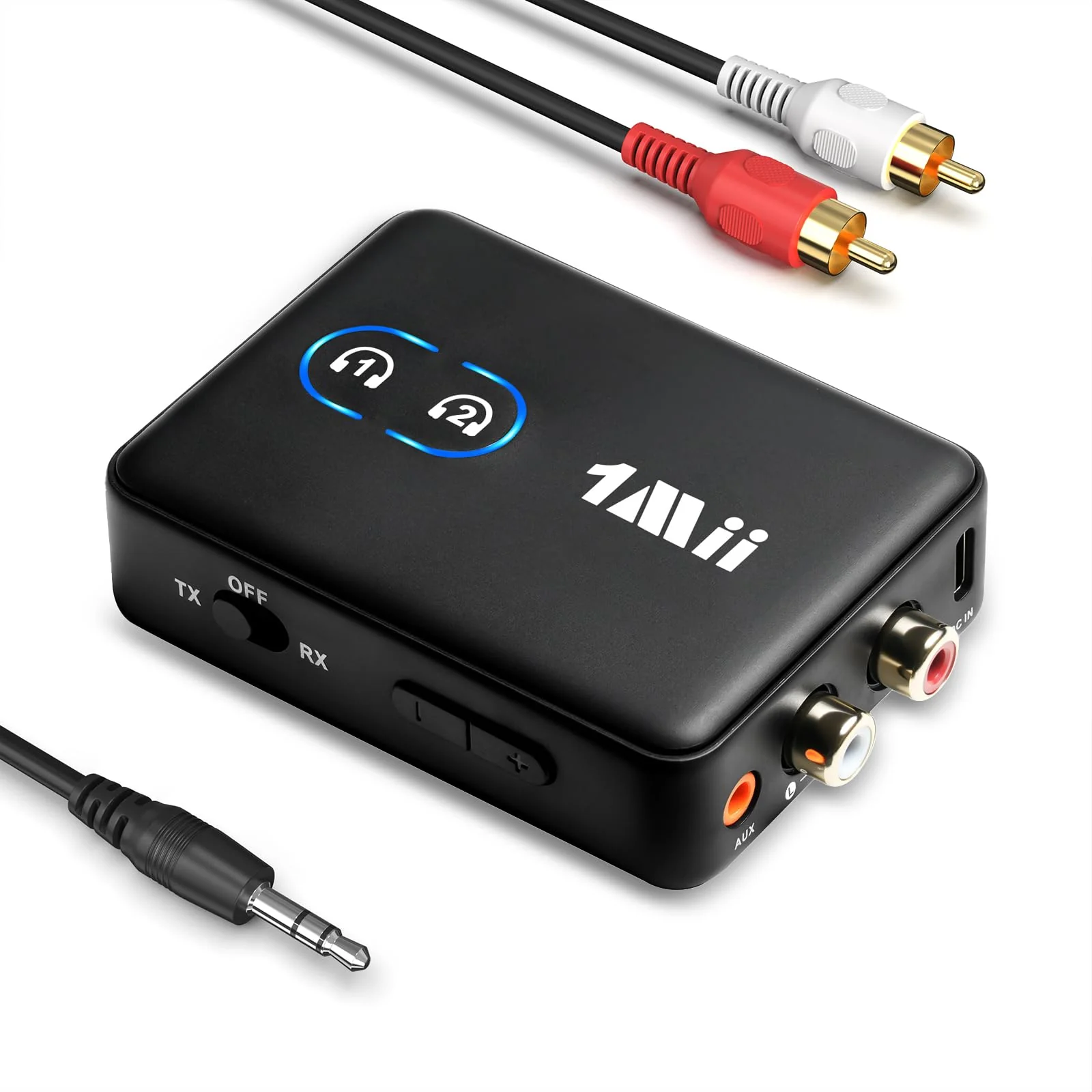 1Mii RCA Bluetooth 5.3 Adapter for TV, 3.5mm AUX Bluetooth Transmitter Receiver for 2 AirPods or Headphones, Home Stereo, Speakers, Projector, Treadmills, PC, with Volume Control, aptX Low Latency