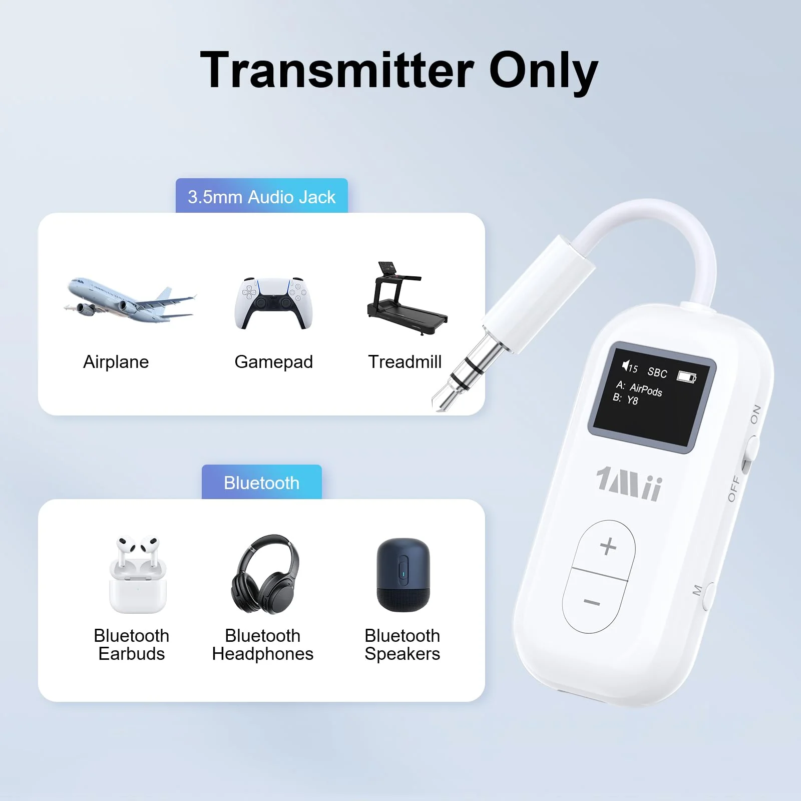 1Mii SafeFly Dual | Airplane Bluetooth Adapter for AirPods or Headphones, Bluetooth Transmitter with Screen, Volume Control, aptX Adaptive & HD, 3.5mm Aux Audio Jack for Airplane, Travel Flight - Image 7