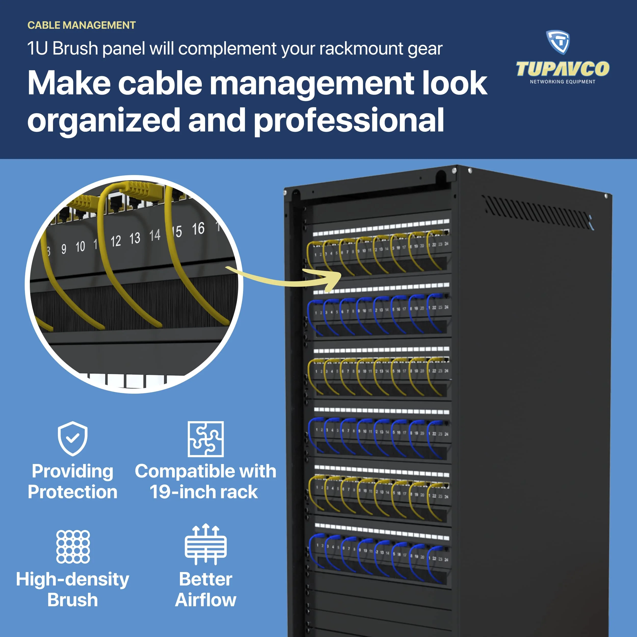 1U Brush Panel (2 Pack) 19 inch Rackmount Strip Cable Management Spacer for Network Server Rack Cabinet Enclosure - High Density Filler (Increased Airflow - Decreased Dust Acumulation) Tupavco TP1710 2 Pack - Image 3