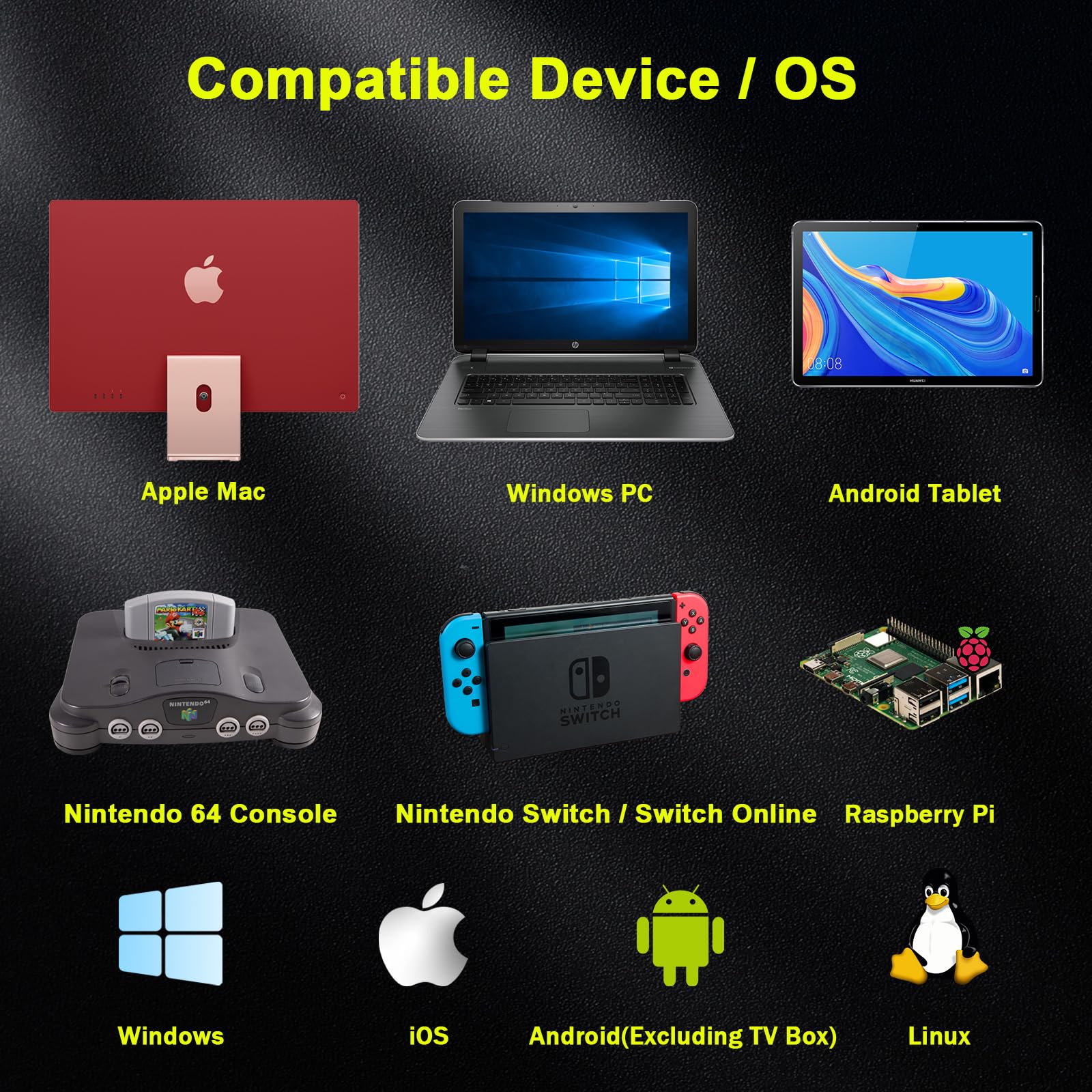 2.4 GHz Wireless N64 Switch Online Controller, USB Receiver & N64 Receiver, Compatible with Windows PC iOS Mac Raspberry Pi, N64 / Switch Online/NSO - (Rechargeable) (Plug and Play) (2 Pack) Black/Gray - Image 3