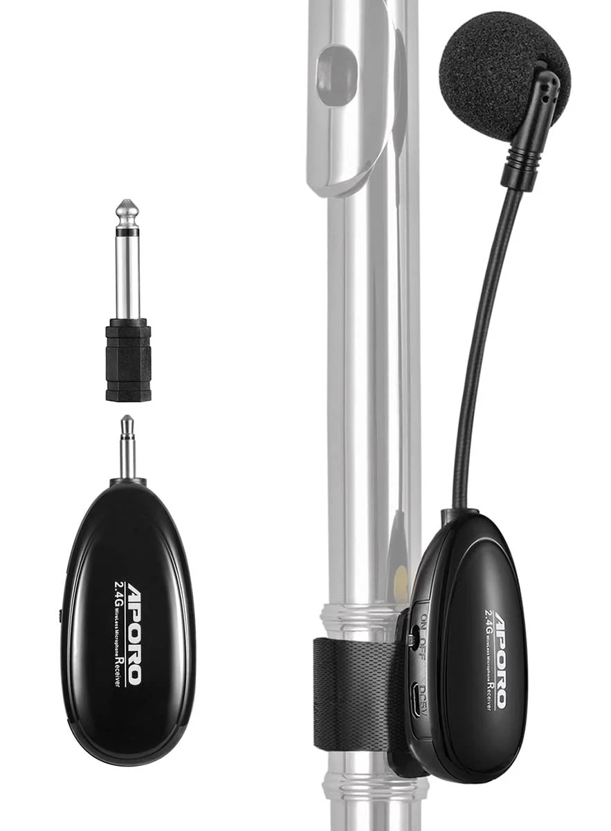 2.4G Wireless Flute Microphone Tie on Music Instruments Microphone, Wireless Receiver and Transmitter, for Flute and More