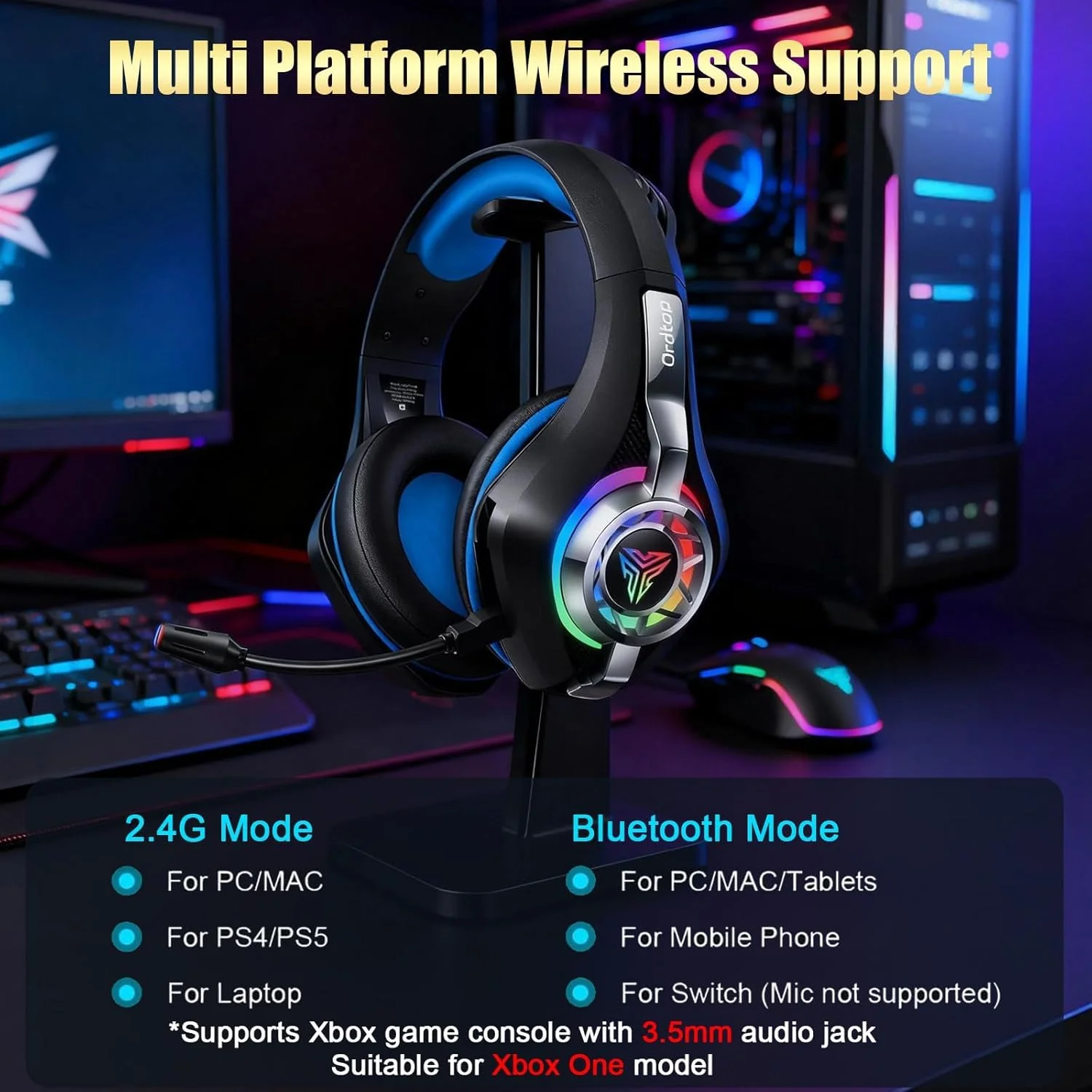 2.4GHz Wireless Gaming Headsets for PS5/PS4/Switch, 2026 RGB Noise Cancelling Headphones with Mics, 4-in-1 Connection, 7.1 Surround Sound, 40mm Drivers, Memory Foam, 45H Wireless Gaming Headphones - Image 4