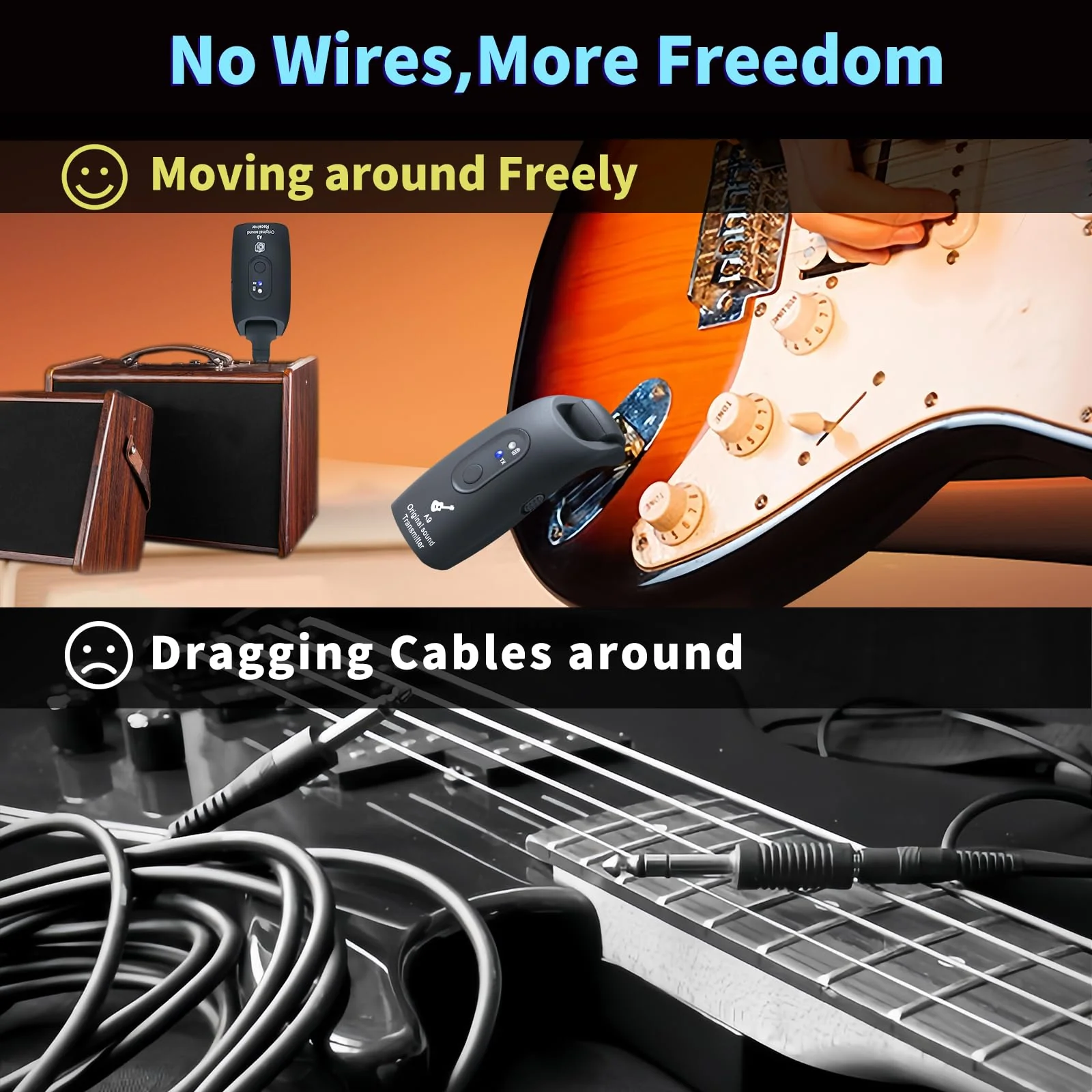 2.4GHz Wireless Guitar System Rechargeable Audio Wireless Transmitter Receiver for Guitar Bass Electric Instruments,Over 30m/100 Feet Transmission,270°Rotatable,4hours Woring Timeļ¼A9 Blackļ¼ - Image 9