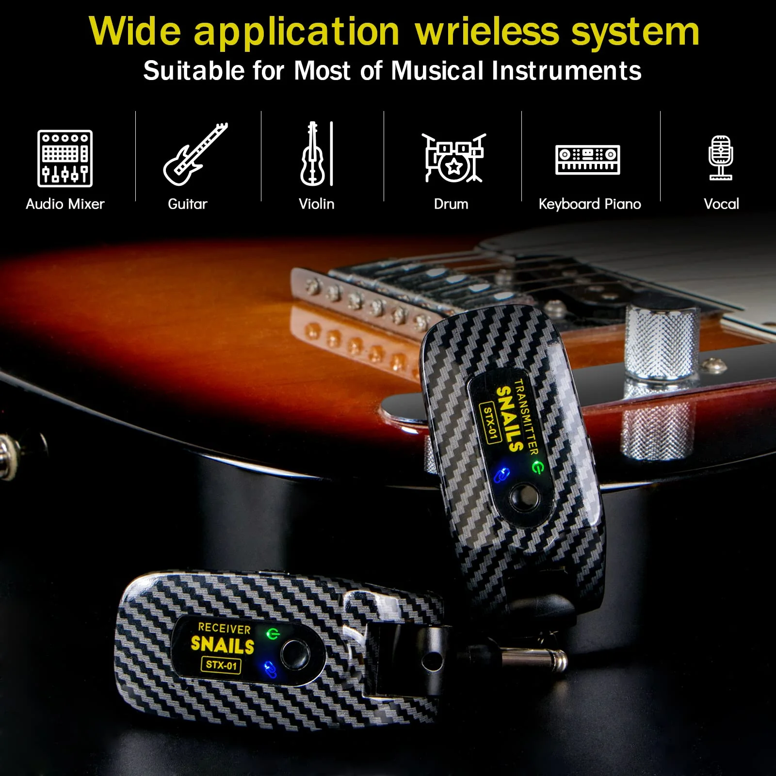 2.4GHZ Wireless Guitar System, Rechargeable Digital Wireless Guitar Transmitter Receiver with 4 Channels and Long Battery Endurance for Electric Guitar Bass 2.4Ghz Yellow - Image 4