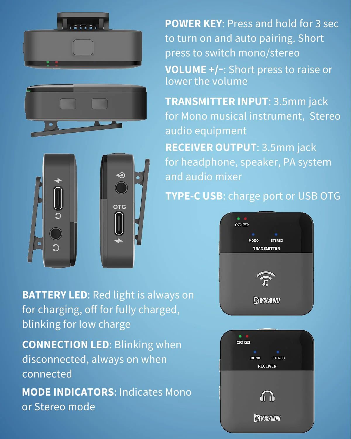 2.4GHz Wireless in Ear Monitor System, 24Bit/48K Mono Stereo Wireless IEM System with Transmitter Beltpack Receiver Auto Pairing, OTG USB Input, for Studio Band Live Performance - Image 4