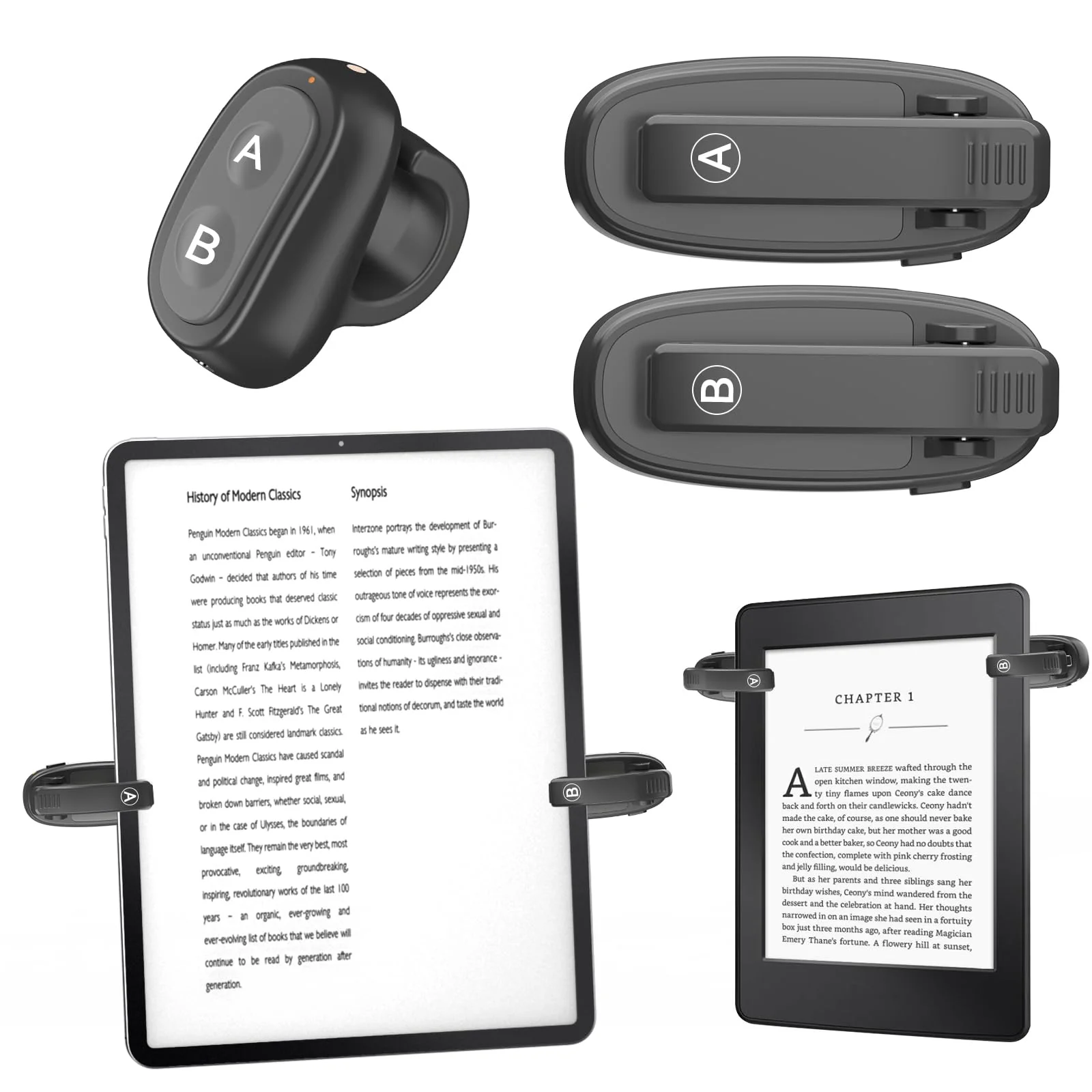 [2 Clips] Finger Ring Page Turner Remote for Kindle Paperwhite Remote Page Turner Accessories for Kindle Clip Clicker Rechargeable Page Turner for Ipad Android Tablets Phone Camera Triggers Black Finger Ring