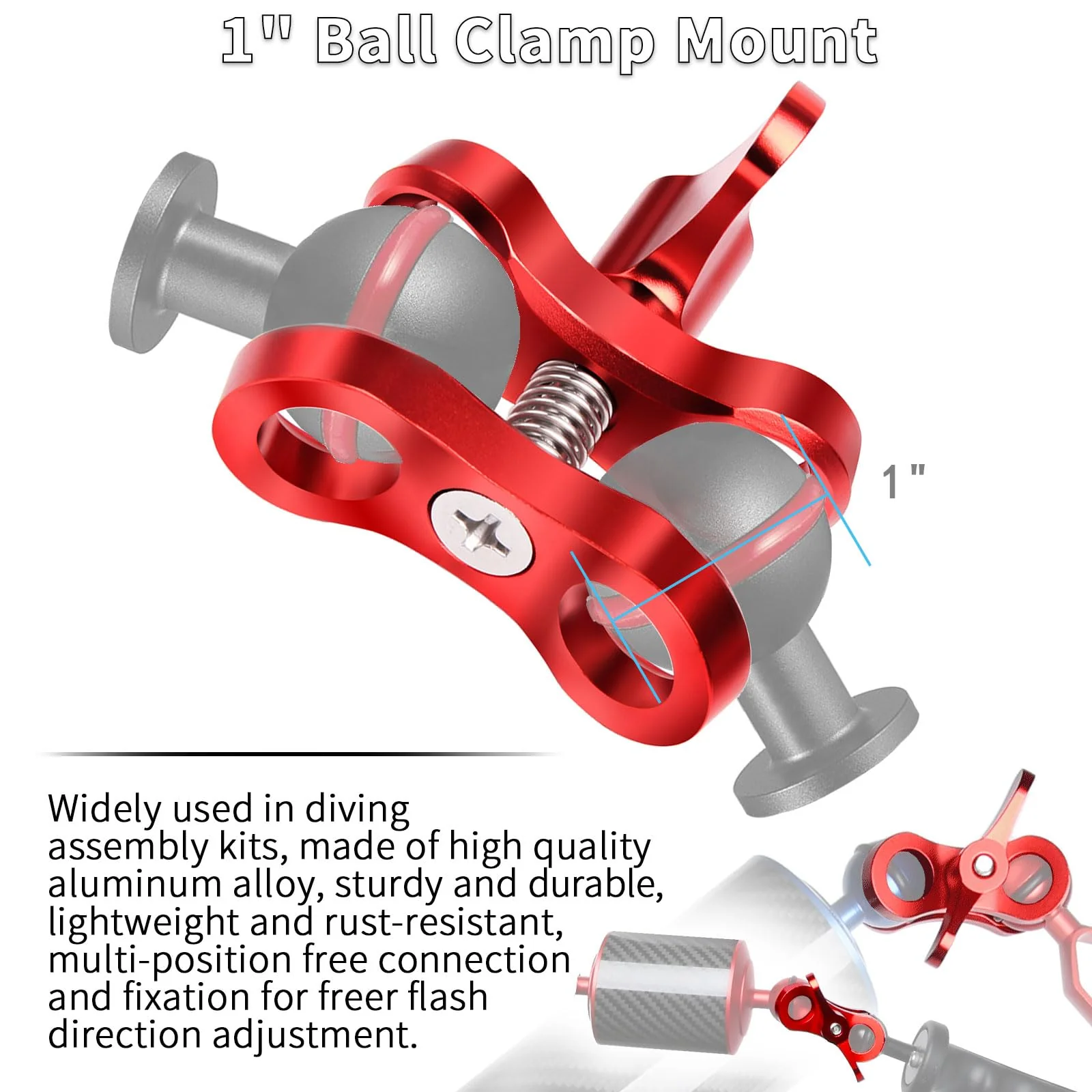 2-Hole 1" Aluminum Underwater Camera Clamp Ball Mount (2-Pack) - Underwater Bracket for Diving Light Arms & Camera Trays, Saltwater-Resistant Adapter for Scuba Photography/Videography Gear Double Holes Red - Image 2