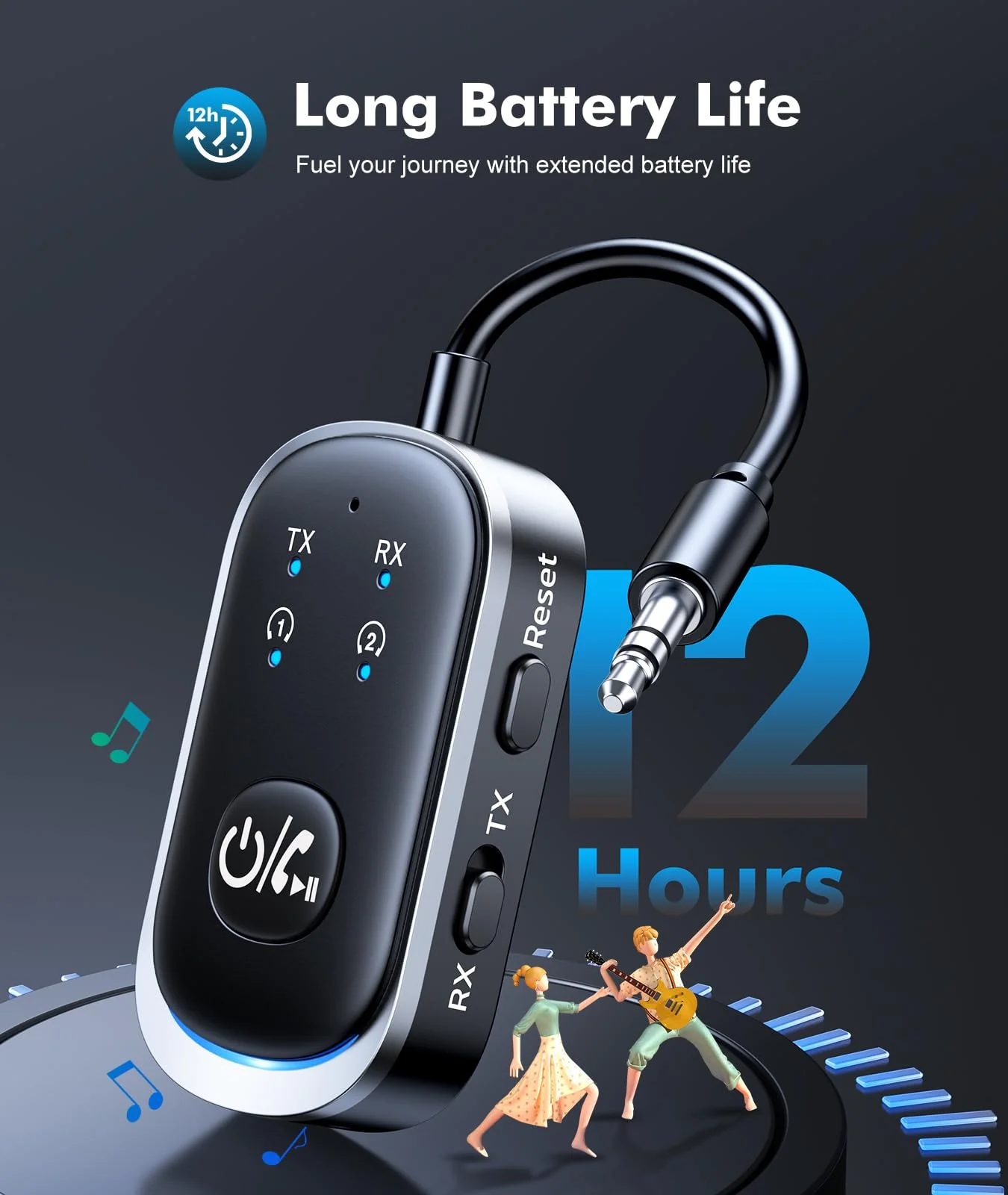 2 in 1 Bluetooth Transmitter Receiver, Wireless Bluetooth 5.3 Adapter - Dual Pairs for AirPods, All Headphones, Use with 3.5mm Aux Audio Jack on Airplane, Home/Car Stereo, Gym, iPad/Tablets - Image 5