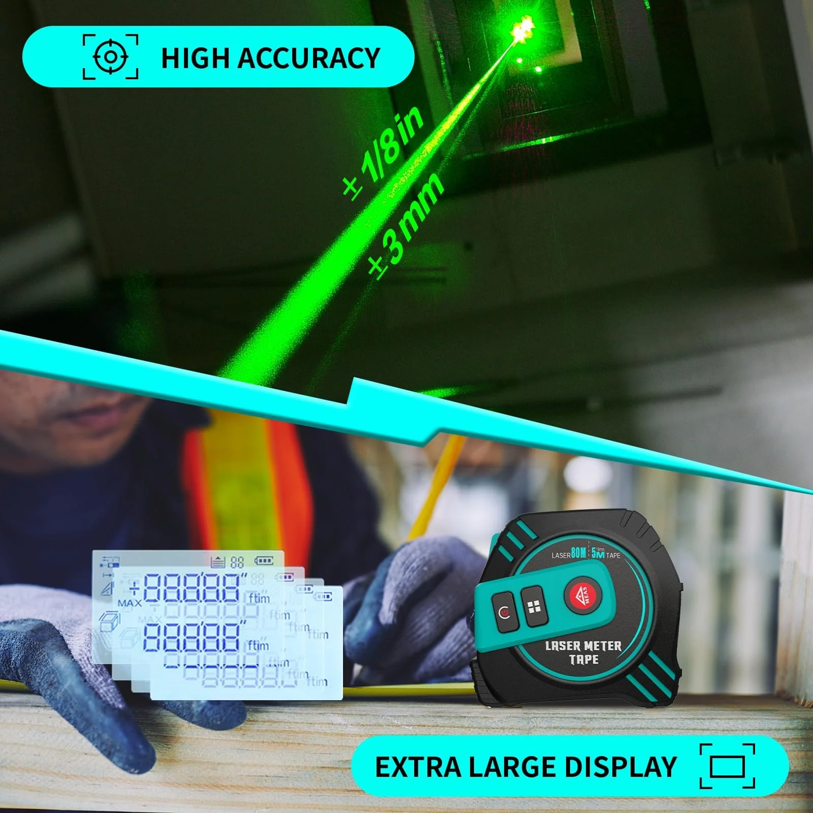 2-in-1 Laser Tape Measure 262ft β Digital Measuring Tape with LCD Display, Rechargeable Smart Tape Measure with Distance, Area & Volume Measurement, USB Charging β Construction & DIY Use Green Laser Tape 16ft+262ft - Image 5