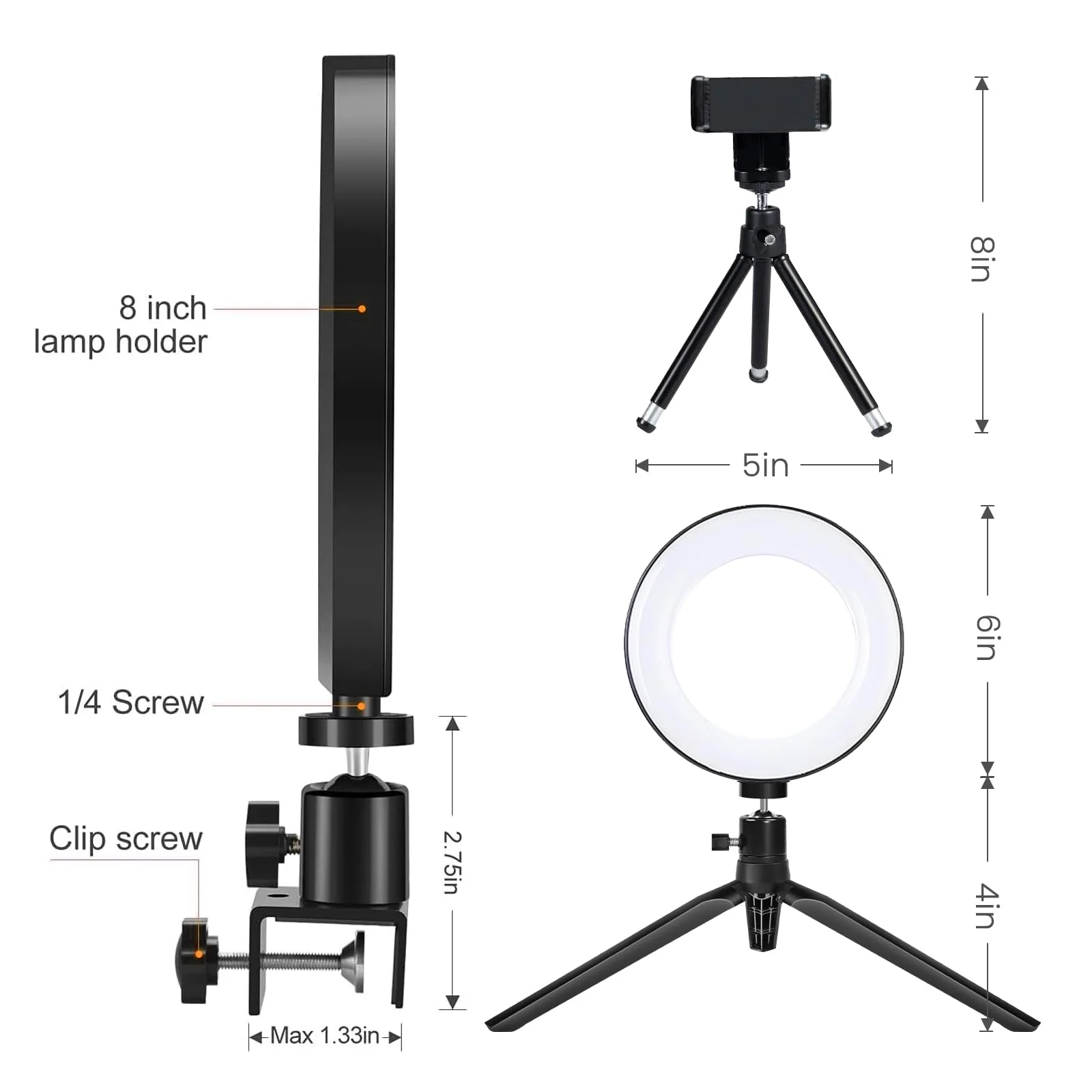 2 in 1 LED 6" Ring Light with Tripod Stand & Clamp for YouTube Video and Makeup, Mini LED Camera Light with Cell Phone Holder Desktop LED Lamp with 3 Light Modes & 11 Brightness Level 6‘’ with Tripod & Clamp - Image 7