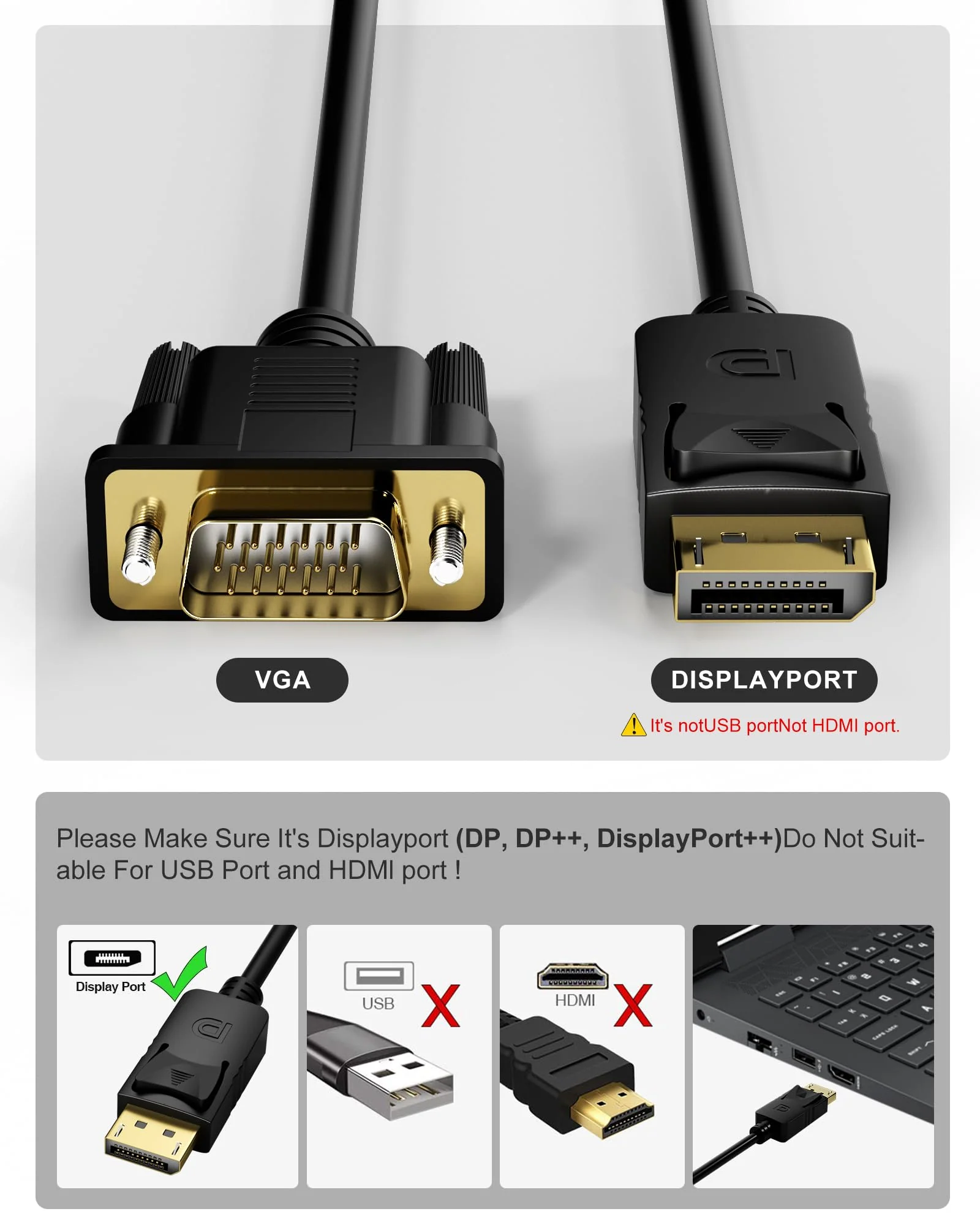2 Pack DisplayPort to VGA 6ft, 6 Feet DisplayPort to VGA Adapter DP to VGA Cable Connects DP Port from Desktop Laptop to Monitor or Projector with VGA Port, Display Port to Vga Male to Male 2 pack - Image 4