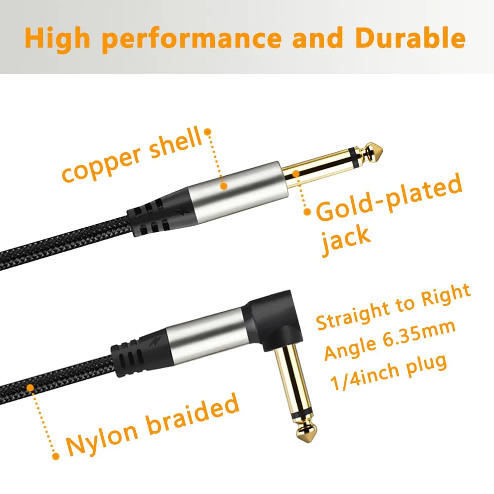2-Pack Guitar Cables 1/4 Inch 6.35mm Male to Male Jack Right Angle to Straight Nylon Braided TS Mono Instrument Cable (16FT) 16FT - Image 5