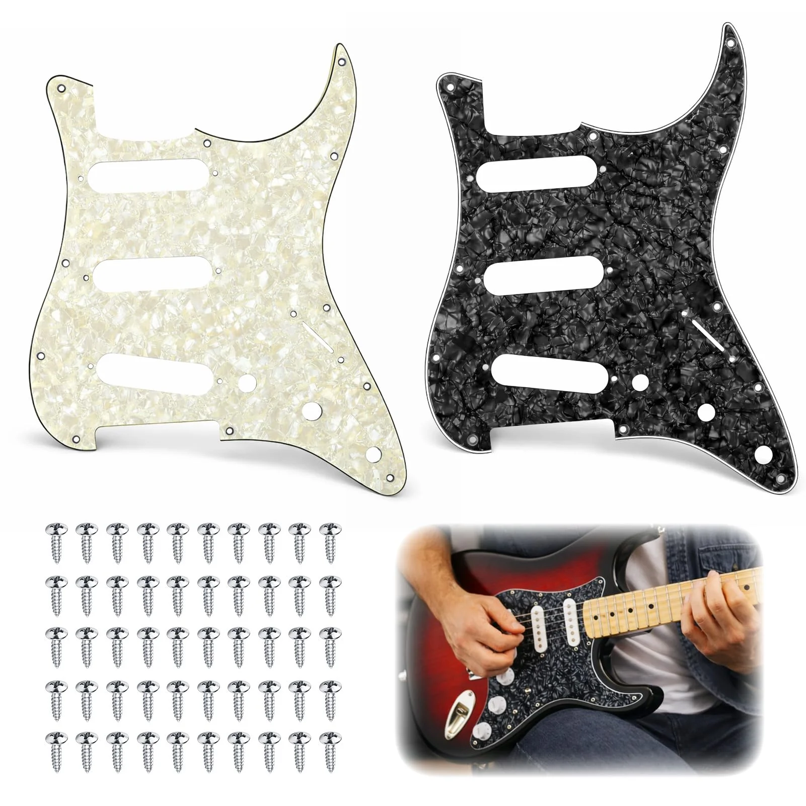 2 Pack Guitar Pickguard SSS 11 Hole for Stratocaster Replacement, 3 Ply Electric Guitar Scratch Plate with Pure Aluminum Foil Shielding, Modern Style Backplate, Fits US/Mexico Standard Strat