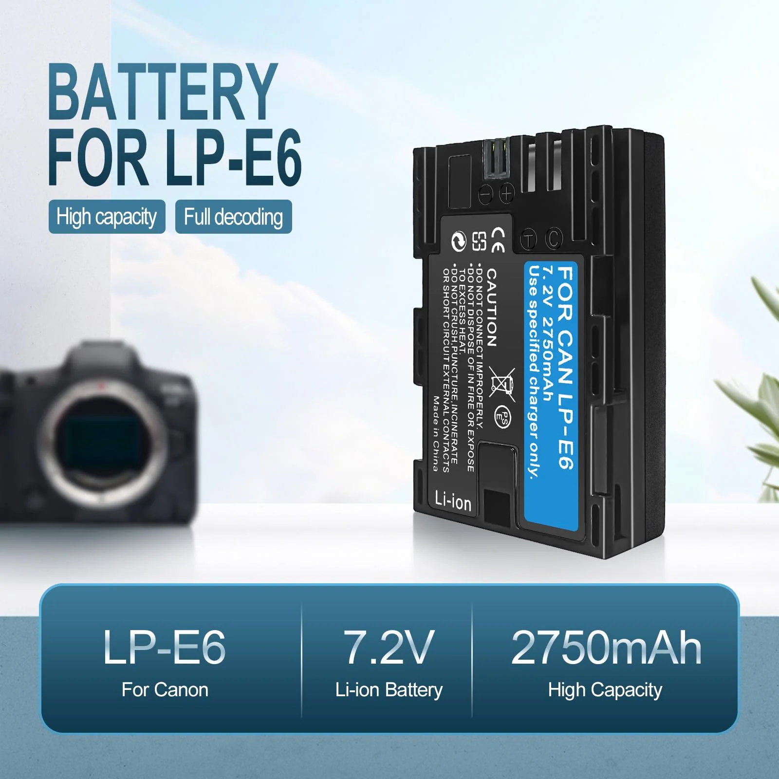 2 Pack LP-E6/LP-E6N/LP-E6NH 2750mAh High-Capacity Battery for Canon EOS R Series (R,R5,R5 Mark II,R5C,R6,R6II,R7), 5D Series (II,III,IV,5DS,5DS R), 90D/80D/70D/60D/60Da,6D (6D,II),7D (7D,II),XC10/XC15 2 Batteries - Image 2
