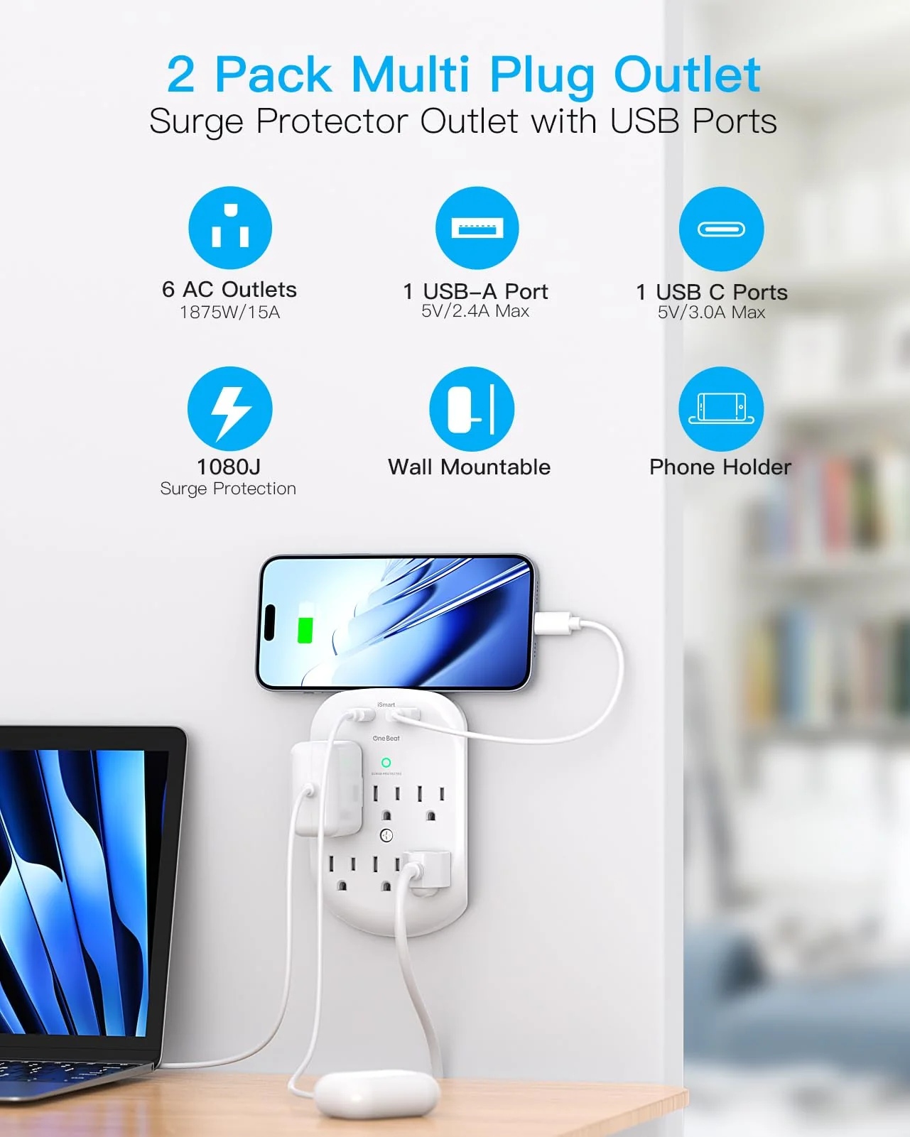 2 Pack Surge Protector Outlet, Multi Plug Outlet Adapter with 6 Wall Outlets 2 USB Wall Charger (1 USB C Port), Wall Outlet Extender, Multiple Outlet Wall Plug Splitter for Home Office Dorm Room - Image 2