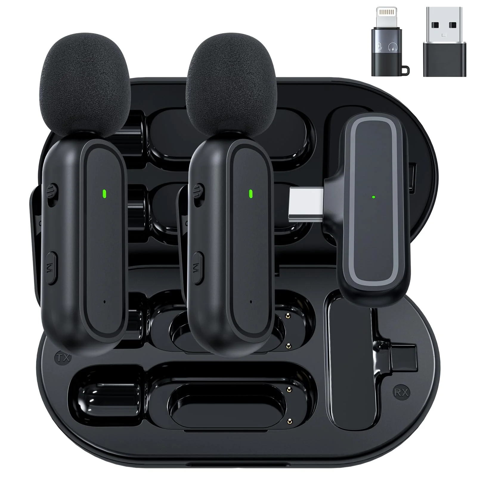 2-Pack Wireless Lavalier Microphone for iPhone Android - Plug and Play Noise Reduction Clip-on Mic with Charging Case, for Vlogging YouTube Live Streaming Zoom Meetings Video Recording Youtuber Oval Case Dark Black