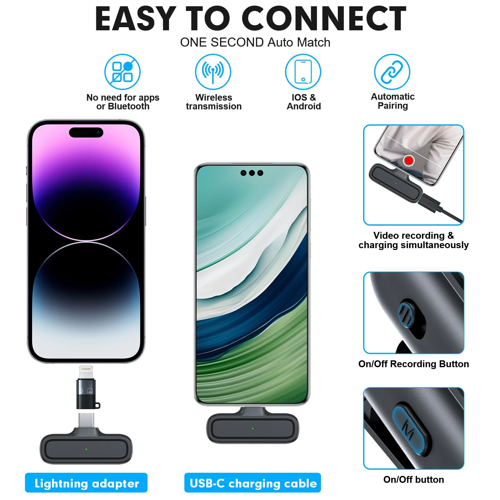 2-Pack Wireless Lavalier Microphone for iPhone Android - Plug and Play Noise Reduction Clip-on Mic with Charging Case, for Vlogging YouTube Live Streaming Zoom Meetings Video Recording Youtuber Oval Case Dark Black - Image 3