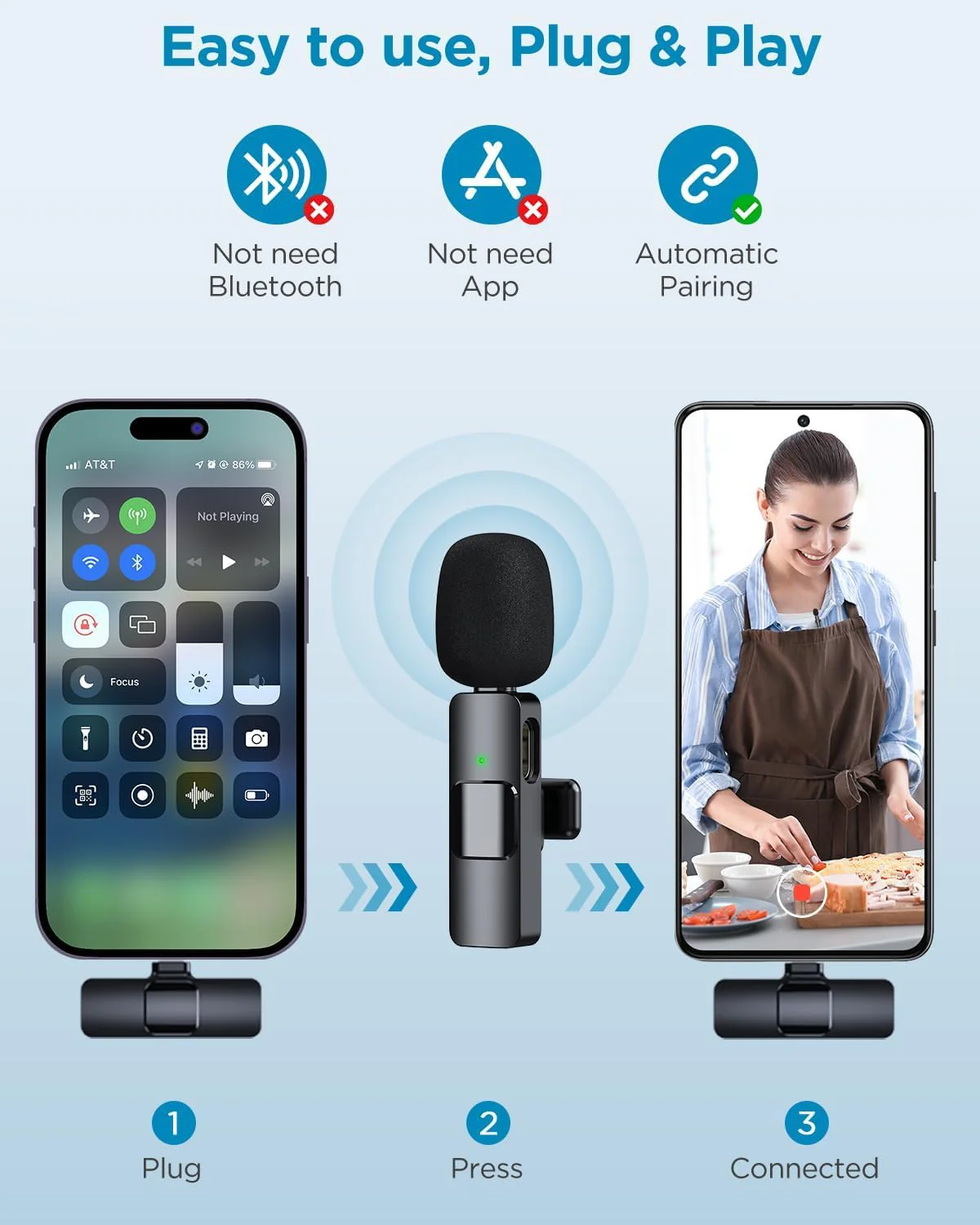 2 Pack Wireless Microphone for iPhone 15 Series,iPad,Android, USB-C Wireless Clip-on Microphones for iPhone Video Recording, YouTube, Interview, TikTok, Vlog, MC-1 - Image 5
