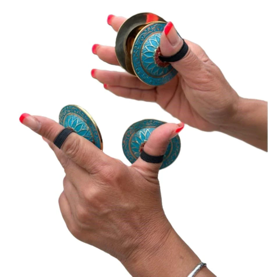 2 Pairs Brass Floral Finger Cymbals Zills for Belly Dancing (Turquoise) Turquoise