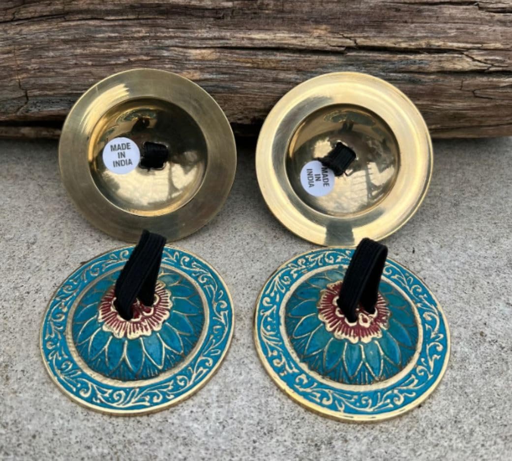 2 Pairs Brass Floral Finger Cymbals Zills for Belly Dancing (Turquoise) Turquoise - Image 5