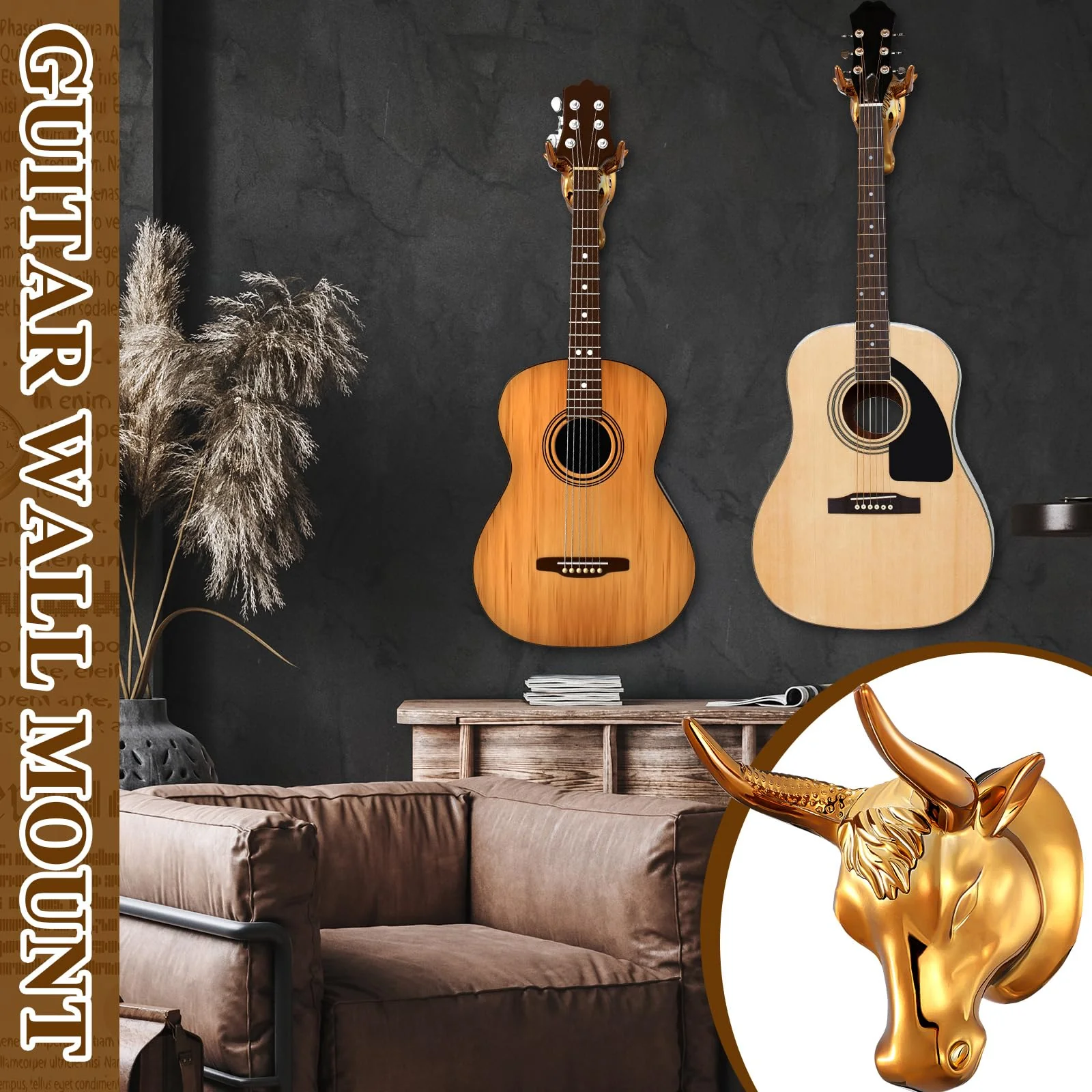 2 Pcs Bull Guitar Wall Mount Guitar Wall Hanger Bull Guitar Holder Guitar Wall Rack Gold Bull Art Ukulele Hook Stand for Acoustic Electric Bass Guitar Storage Player Gift - Image 3