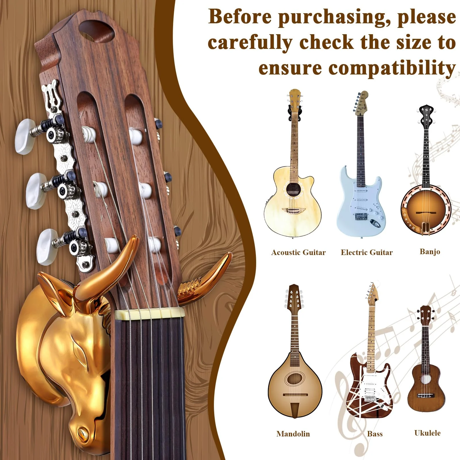 2 Pcs Bull Guitar Wall Mount Guitar Wall Hanger Bull Guitar Holder Guitar Wall Rack Gold Bull Art Ukulele Hook Stand for Acoustic Electric Bass Guitar Storage Player Gift - Image 4