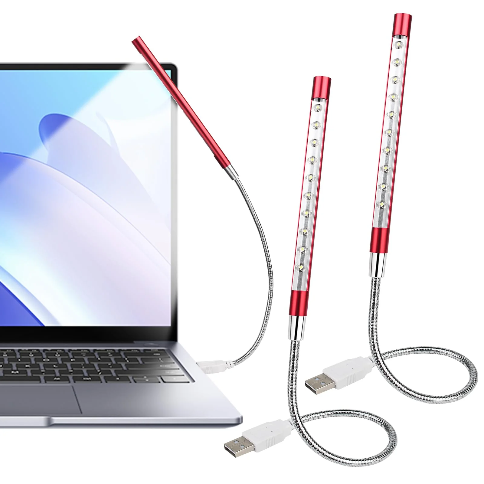 2 Pcs Keyboard Light Portable USB LED Light 10 Lamp Beads LED Laptop Light with Long Gooseneck Flexible Stick Laptop Light for Reading Book and Striking Keyboard (No Touch Switch, 2 Pcs, Red)