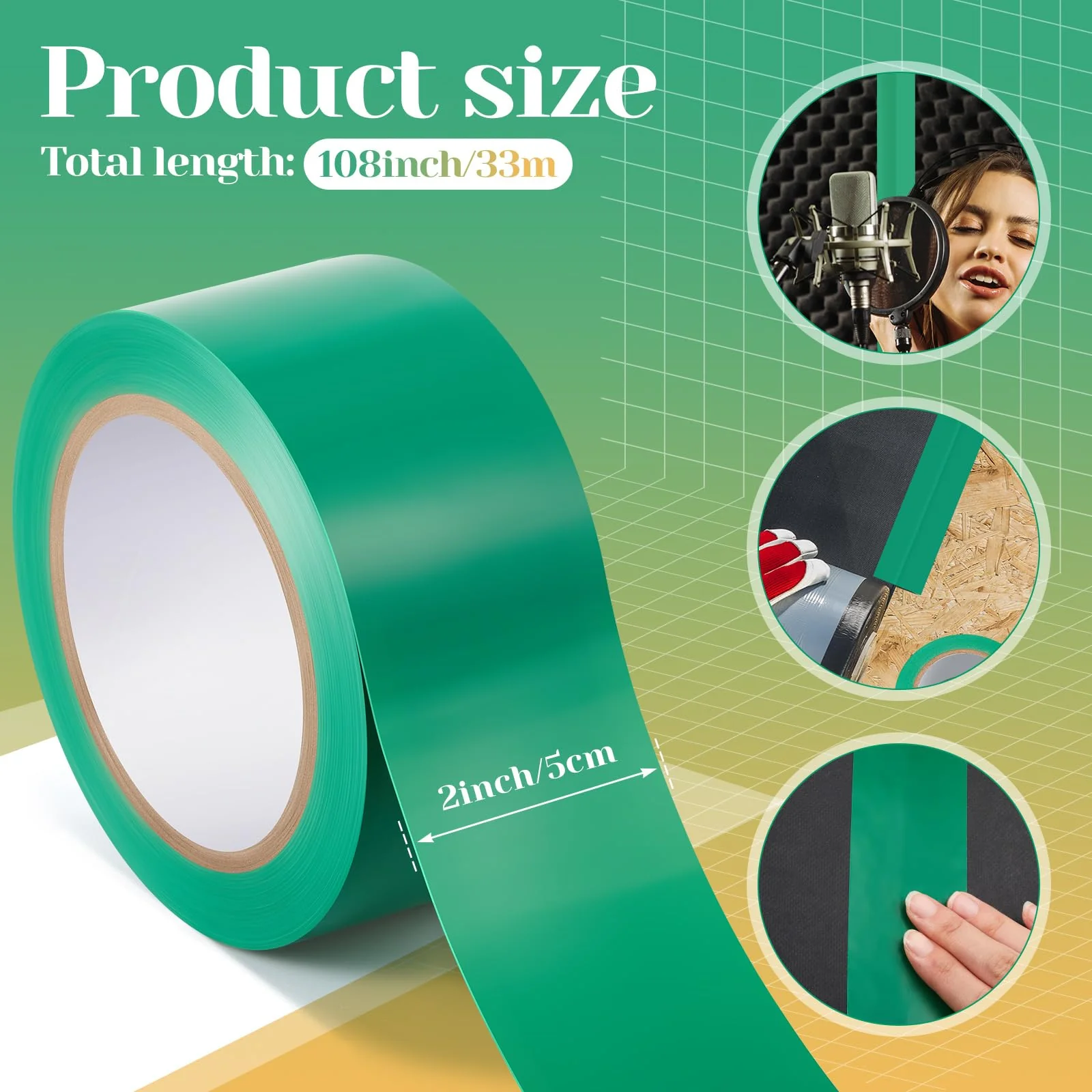 2 Pcs MLV Seam Tape 2" x 108' Vinyl Acoustic Sealant Tape Vinyl Seam Tape for Mass Loaded Vinyl Noise Barriers Installation Walls and Ceilings, Green - Image 2