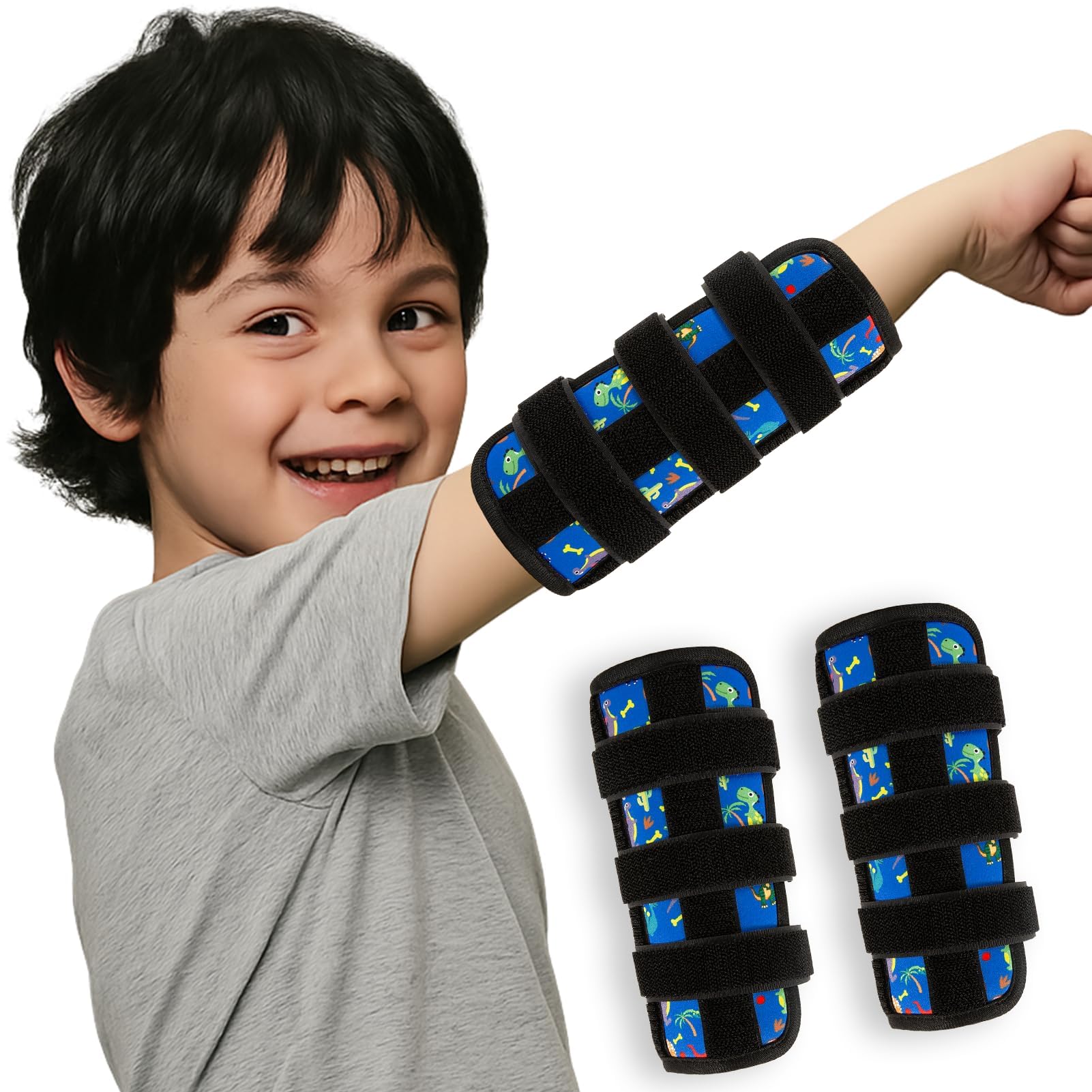 2 PCS Thumb Sucking Deterrent, Blue Dinosaur Thumb Guard for Kids Toddlers Nail Biting Treatment, Anti Nose Picking, Scratching Face, Elbow Immobilizer for Boys Girls, Finger Sucking Prevention