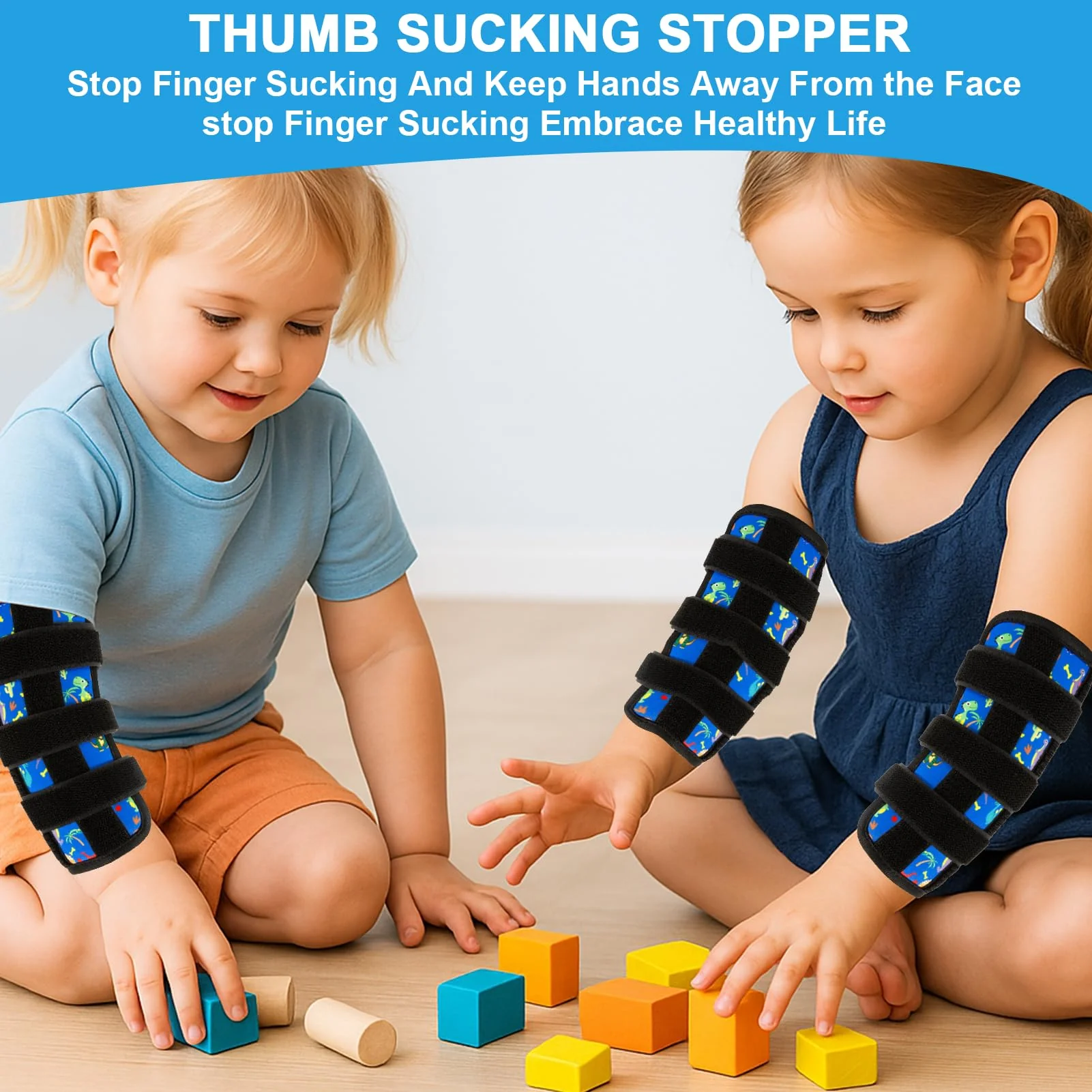 2 PCS Thumb Sucking Deterrent, Blue Dinosaur Thumb Guard for Kids Toddlers Nail Biting Treatment, Anti Nose Picking, Scratching Face, Elbow Immobilizer for Boys Girls, Finger Sucking Prevention - Image 7