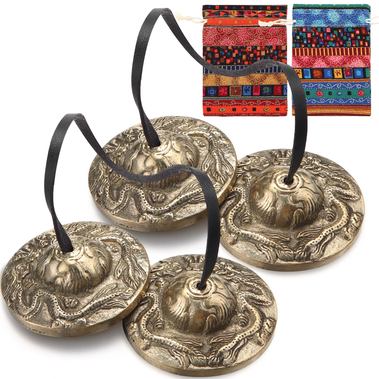 2 Pcs Tibetan Tingsha Cymbals with 2 Pcs Tibetan Drawstring Cloth Bags Meditation Chime Bells 2.56 Inch Handcrafted Meditation Accessory (2 Dragons with Bell Embossed,Red,Green) Red,Green 2 Dragons with Bell Embossed