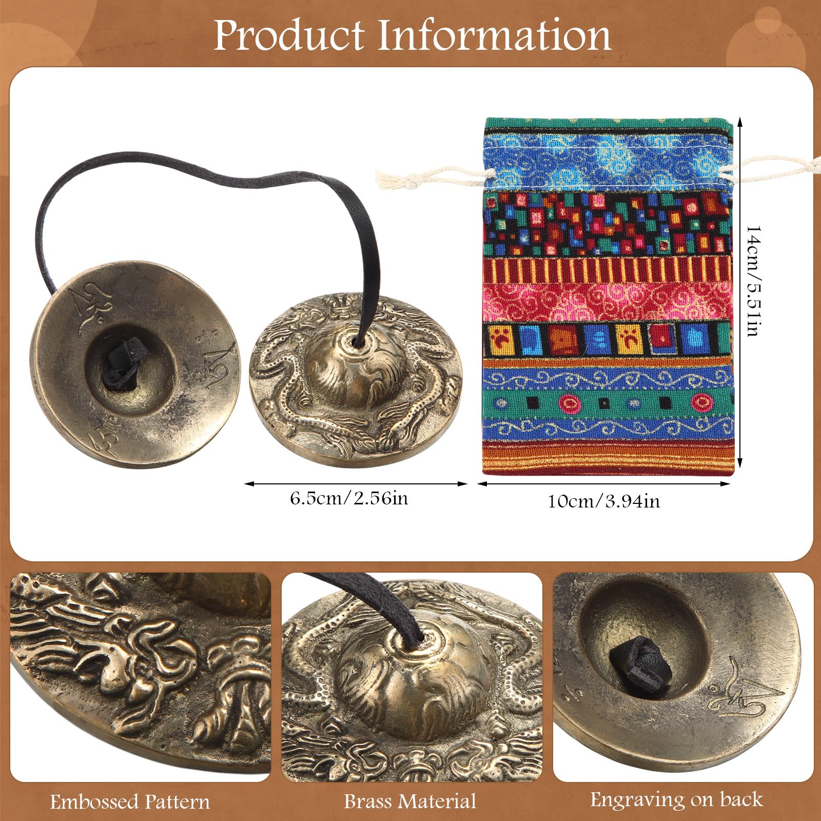 2 Pcs Tibetan Tingsha Cymbals with 2 Pcs Tibetan Drawstring Cloth Bags Meditation Chime Bells 2.56 Inch Handcrafted Meditation Accessory (2 Dragons with Bell Embossed,Red,Green) Red,Green 2 Dragons with Bell Embossed - Image 4