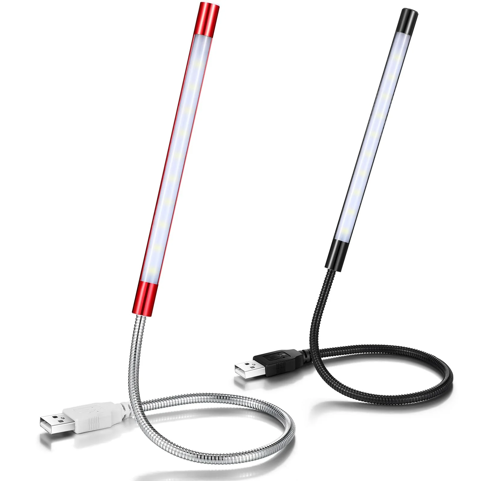 2 Pcs USB Reading Lamps with 10 LED Bead Brightness Dimmable Setting Flexible USB Keyboard Light USB Lamp for Desktop Notebook Laptop Computer, On/Off Touch Switch, Black and Red Black, Red
