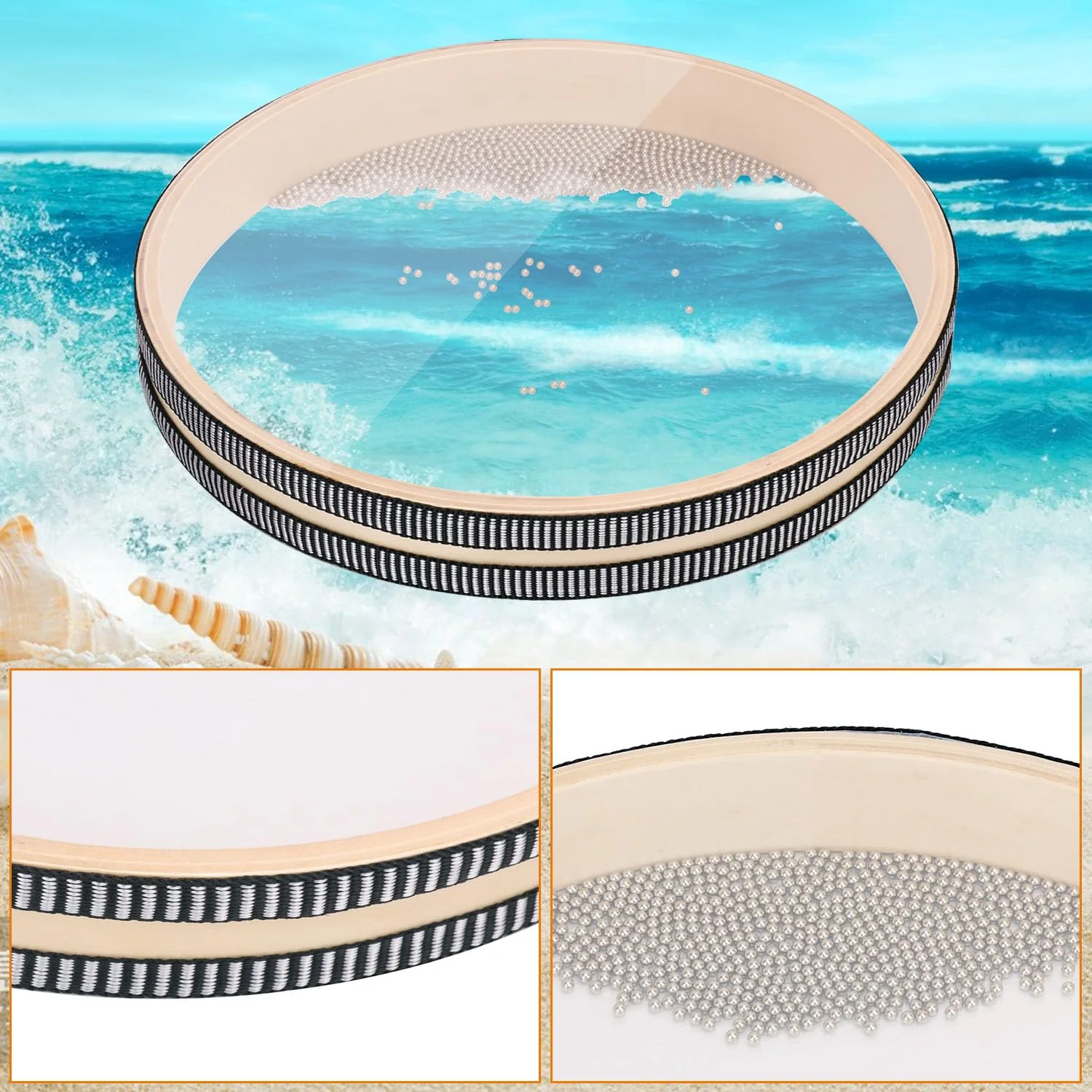 2 PCS Wave Bead Ocean Drum, 12 Inch Percussion Wave Drum, Authentic Sea Sound Drum, Shell Ocean Sound Drum for Sound Healing, Home Supplies - Image 3