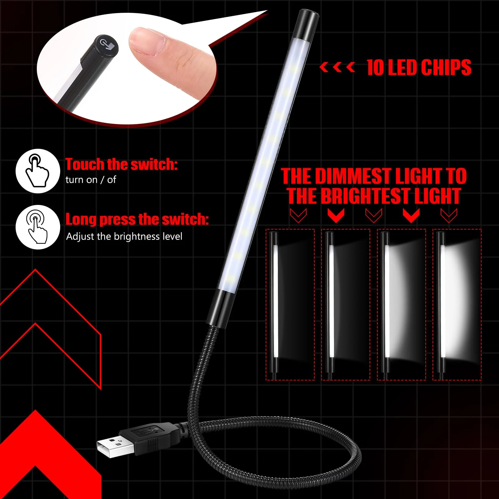 2 Pieces USB LED Light USB Light for Laptop Keyboard Light Gooseneck Light Computer Light Flexible Stick Dimmable LED Lamp Touch Switch for Reading Book (Black) Black - Image 3