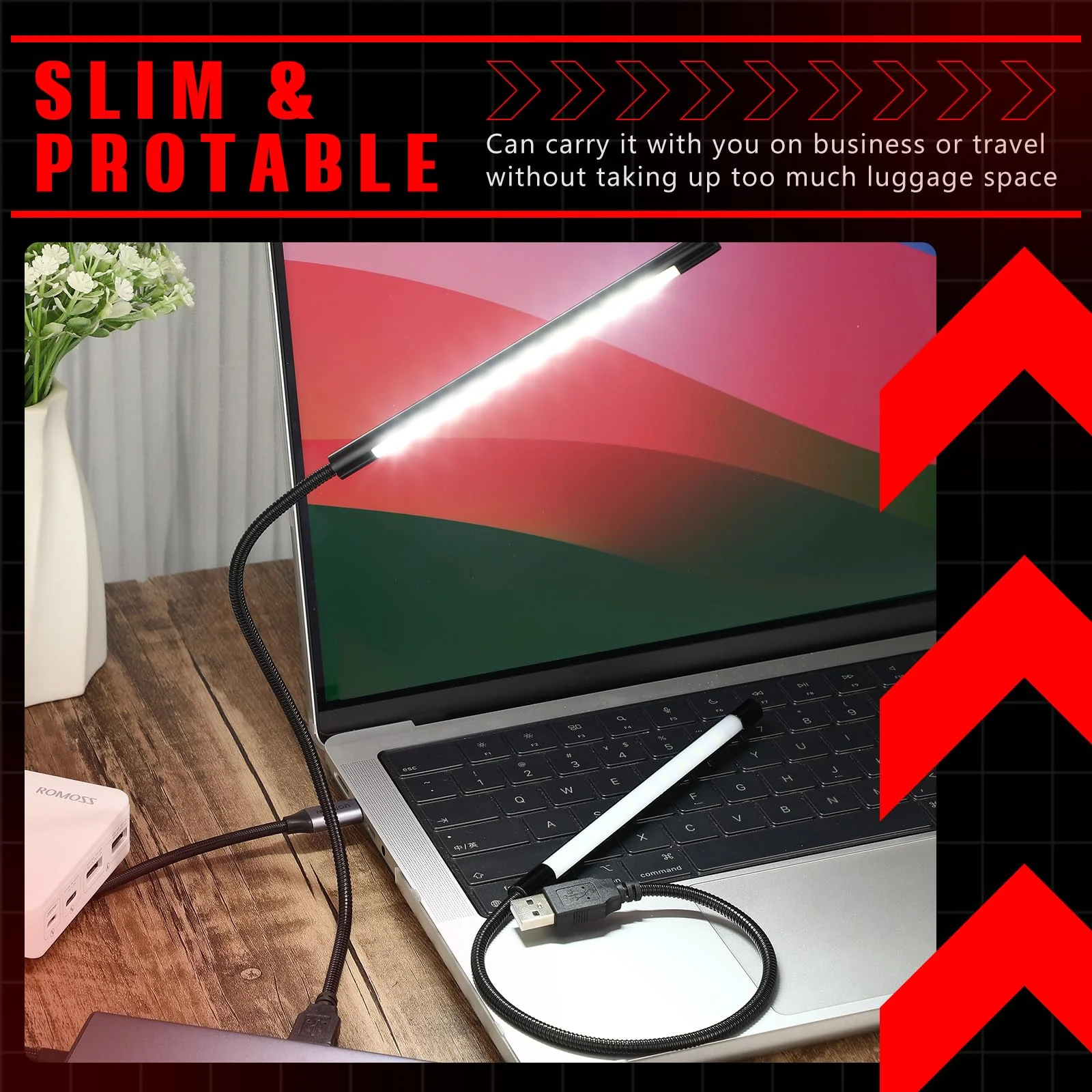 2 Pieces USB LED Light USB Light for Laptop Keyboard Light Gooseneck Light Computer Light Flexible Stick Dimmable LED Lamp Touch Switch for Reading Book (Black) Black - Image 5