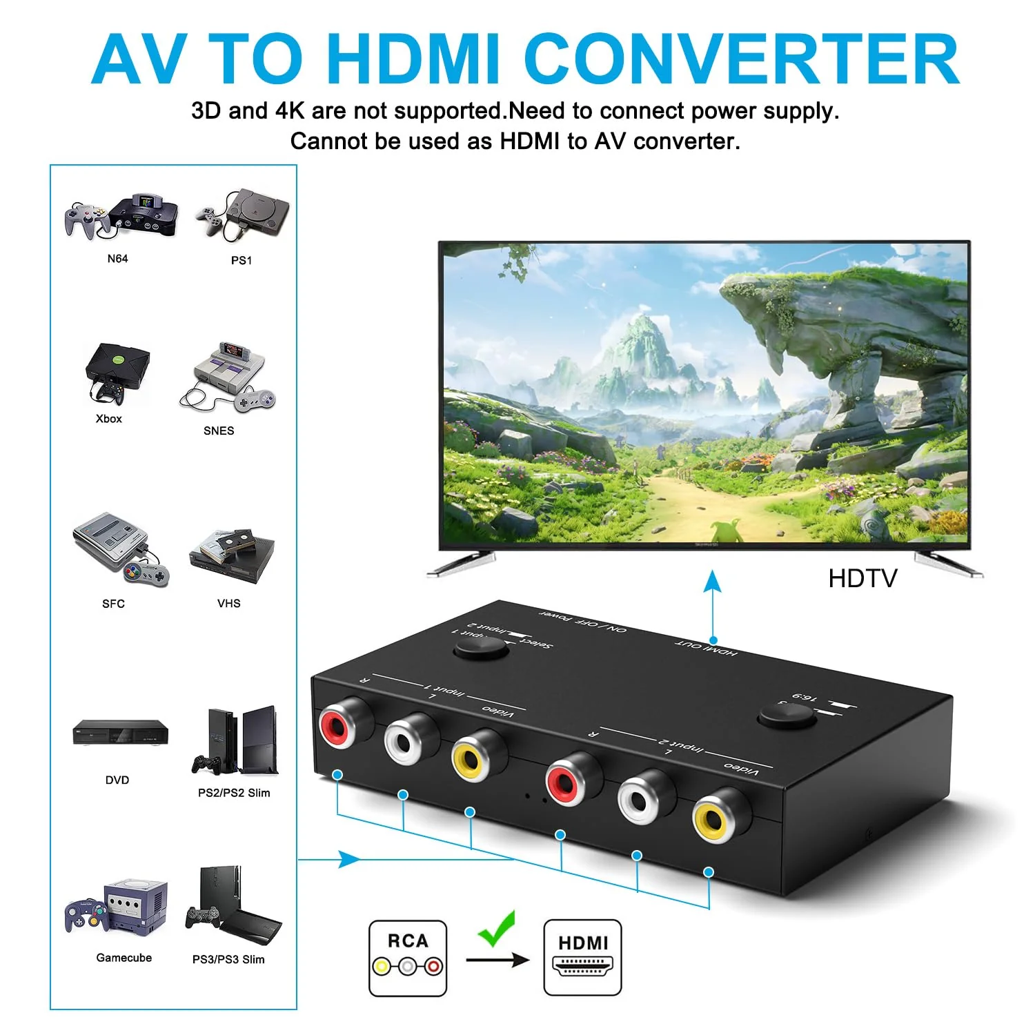 2 Port RCA/AV to HDMI Converter Adapter Support 16:9/4:3 for WII/N64/PS1/PS2/PS3/VHS/VCR/DVD Players etc(2 AV in 1 HDMI Out) 2Port AV to HDMI Converter - Image 3