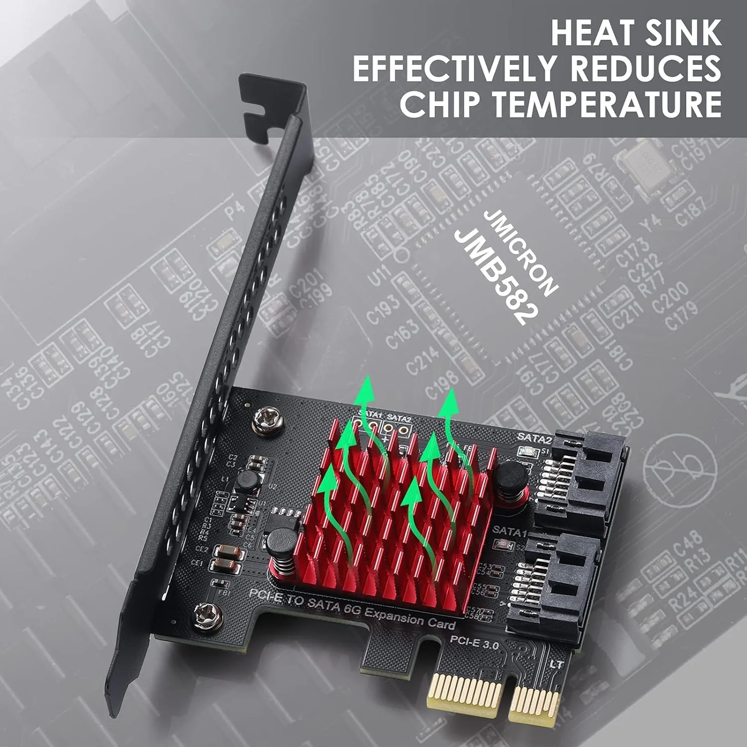 2-Port SATA Card Expansion Cards, PCI-E 3.0 GEN3 JMICRON+JMB582 Chip, 6Gbps Expansion Adapter Boards PCI Express Controller Adapter Card for Windows XP/2003/2008/Vista/Win7/8/10/Linux. - Image 3