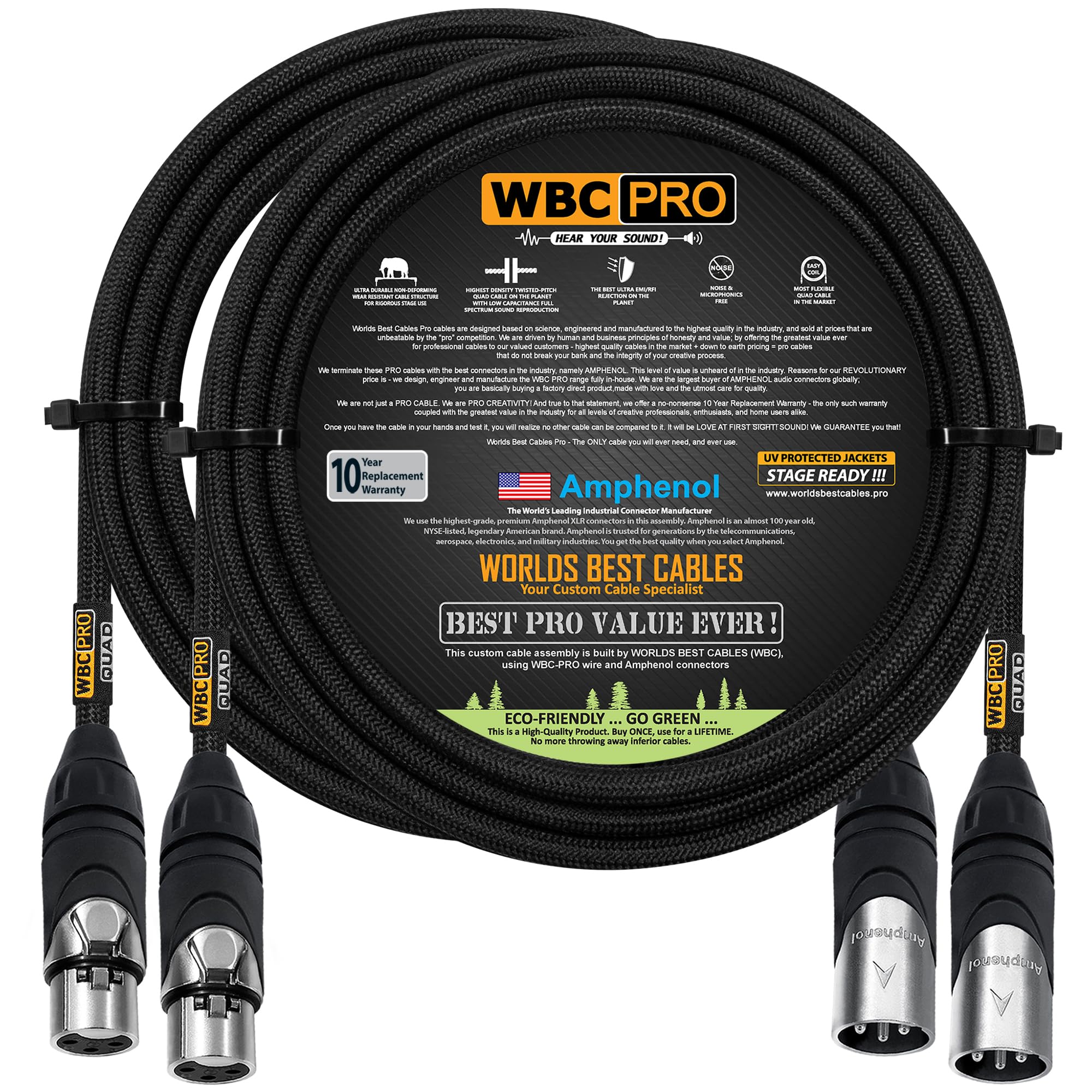 2 Units - 15 Foot - WBC-PRO-Quad Ultra-Silent Ultra-Flexible Balanced Star-Quad Cable with Amphenol Male & Female XLR Plugs & Black Tweed Jacket