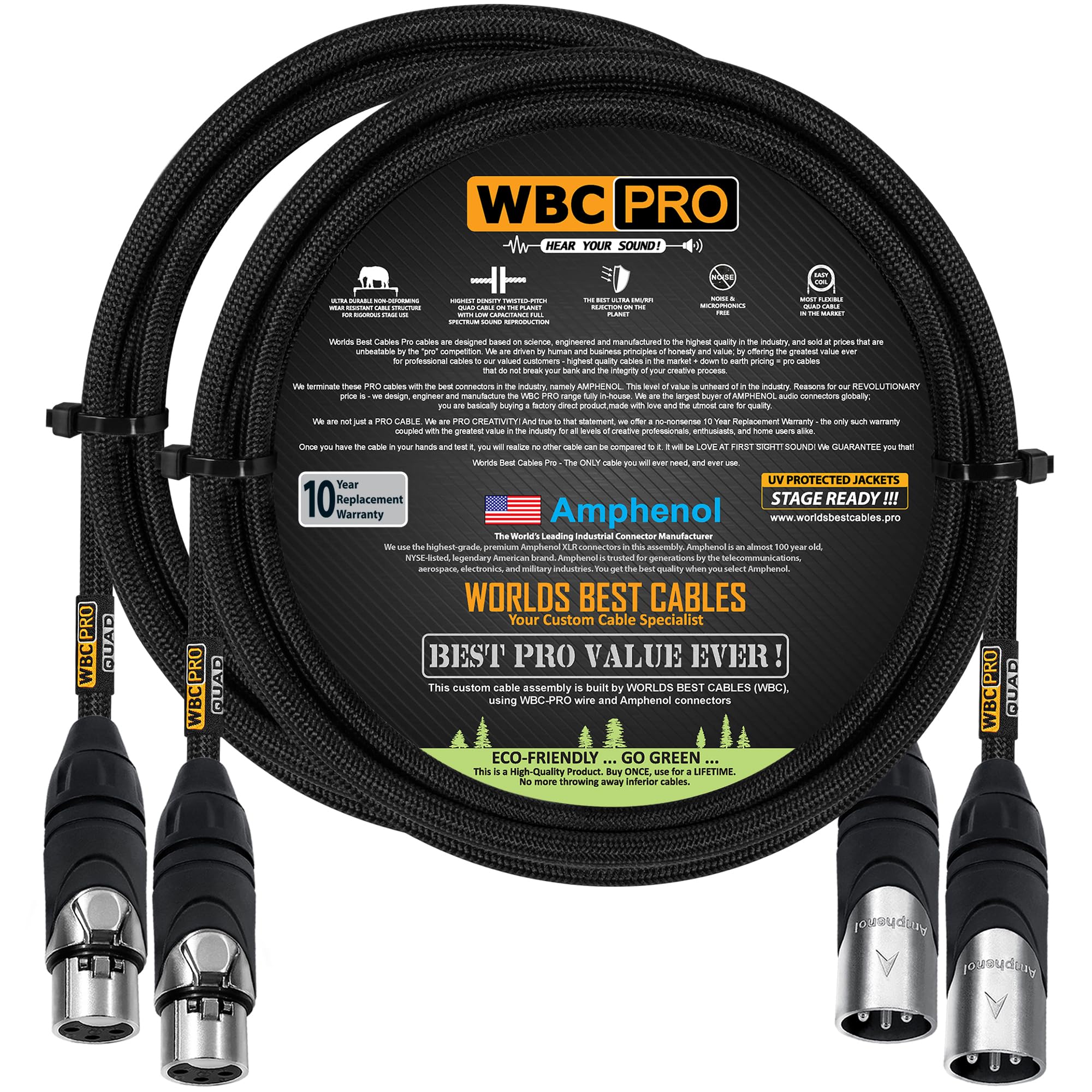 2 Units - 3 Foot - WBC-PRO-Quad Ultra-Silent Ultra-Flexible Balanced Star-Quad Cable with Amphenol Male & Female XLR Plugs & Black Tweed Jacket