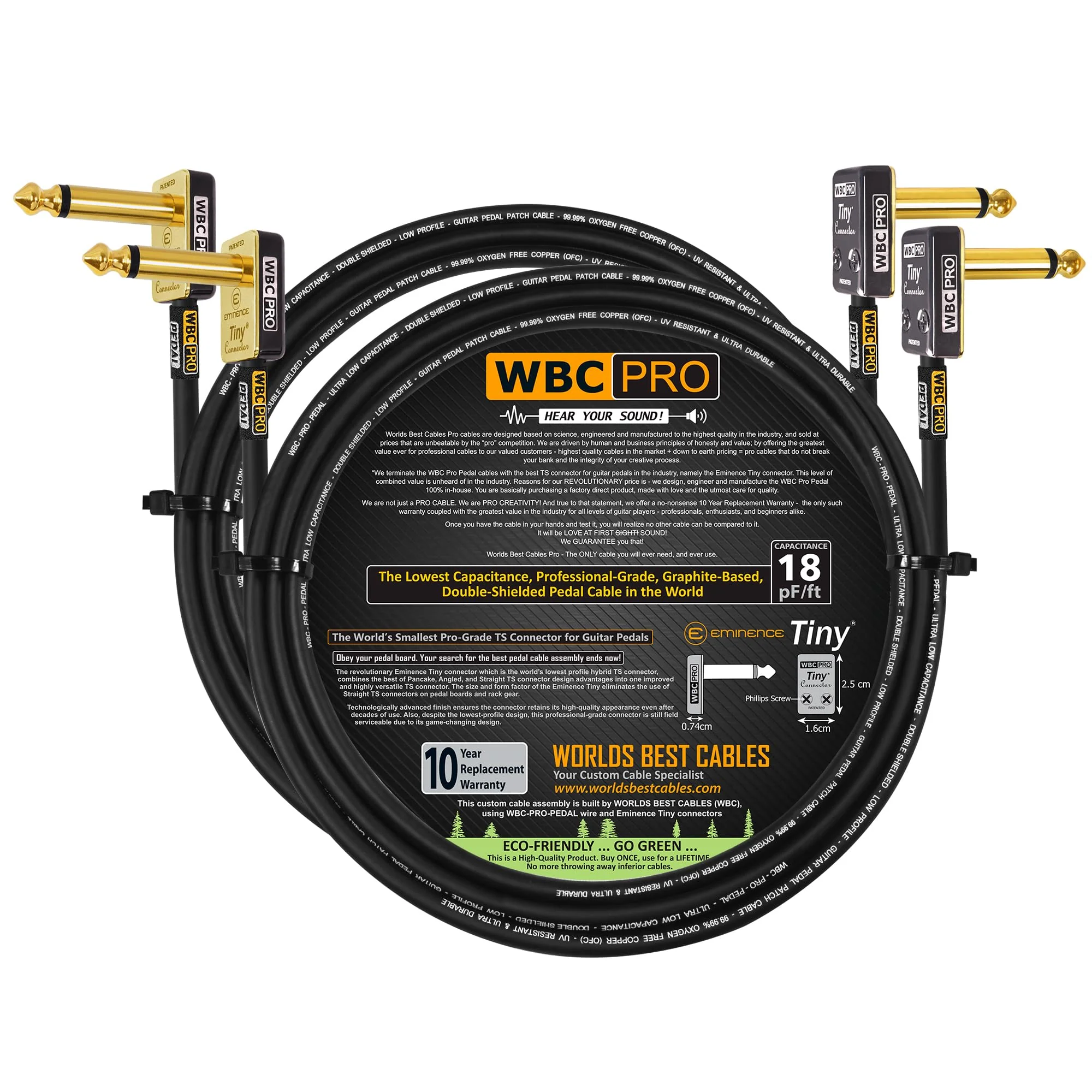 2 Units - 30 Inch - WBC-PRO-Pedal – 22 AWG - Low-Cap (18pF/ft) – Pro-Grade – Graphite-Based - Dual-Shielded Pedal, Effects, Patch, Instrument Cable with Eminence Tiny Gold Plated Angled TS Connectors