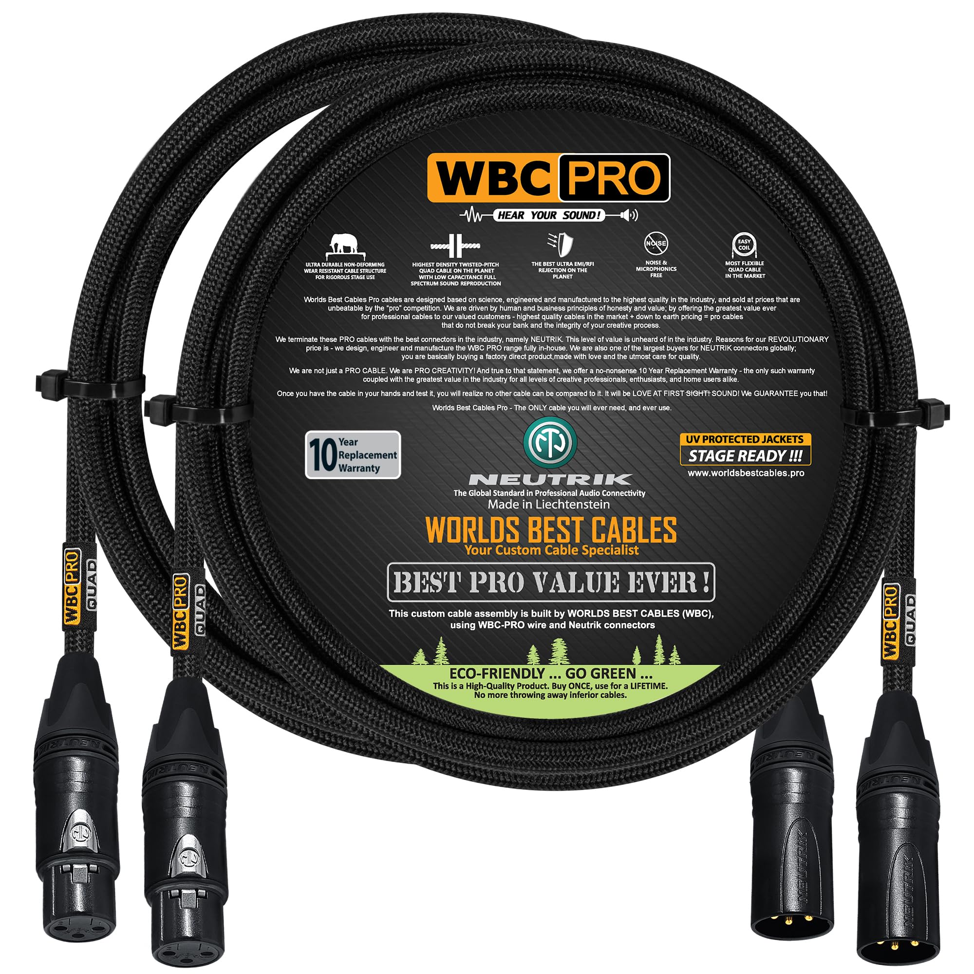 2 Units - 5 Foot - WBC-PRO-Quad Ultra-Silent Ultra-Flexible Balanced Star-Quad Cable with Neutrik Male & Female XLR Plugs & Black Tweed Jacket