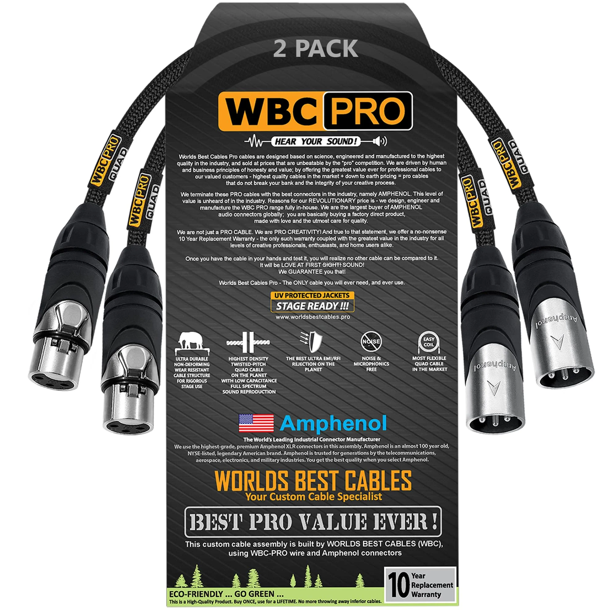 2 Units - 6 Inch - WBC-PRO-Quad Ultra-Silent Ultra-Flexible Balanced Star-Quad Cable with Amphenol Male & Female XLR Plugs & Black Tweed Jacket